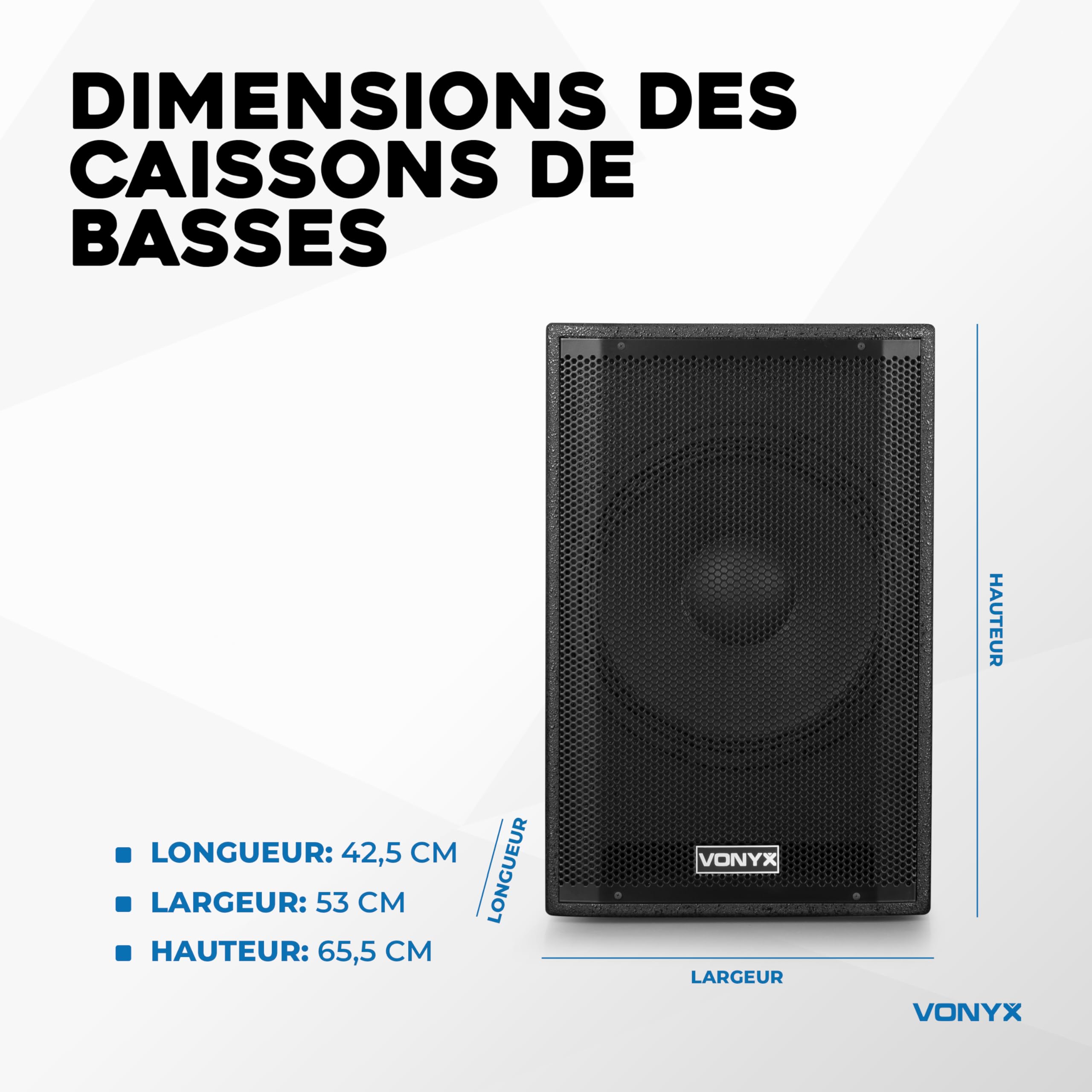 VONYX VX1080BT Pack Sono DJ Actif 2.2 avec Double Subwoofer 15 Pouces, Enceintes 4x4.5, Bluetooth 5.3, USB, Micro, Trépieds, Idéal pour DJ, Soirées, Karaokés, Événements et Présentations