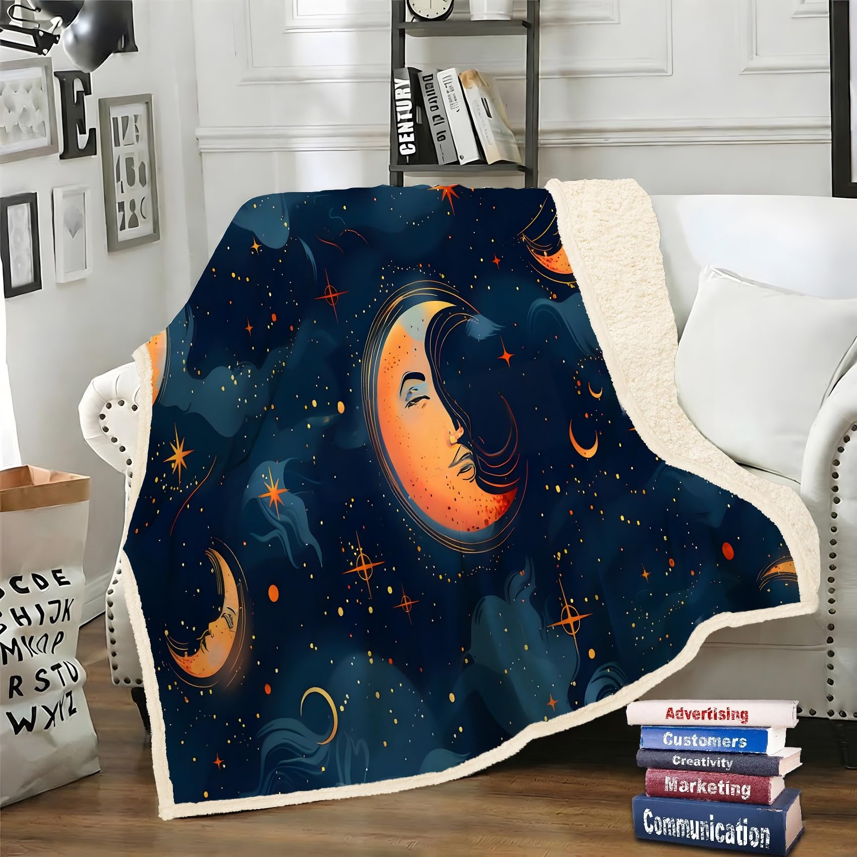 Gelber Mond Fleecedecke 130x150 cm – Extra dick & kuschelweich, Blue Starry Sky Flauschige Decke für Einzelbett, Sofa & Wohnzimmer, Überwurf