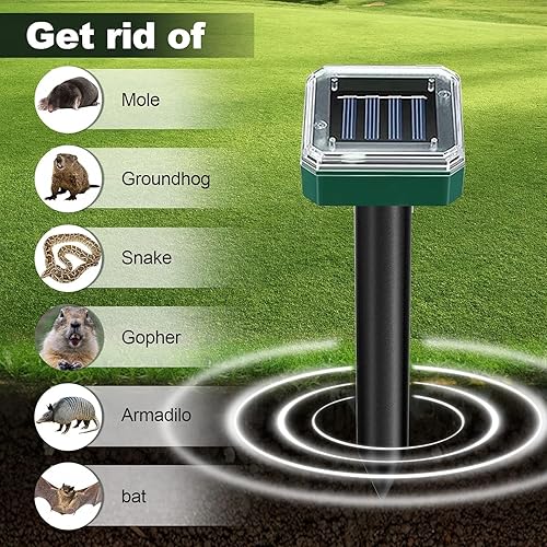 Miniatura 2 de Repelente de topos alimentado por energía solar, paquete de 4 repelentes de serpientes, ultrasónico para patio, potente trampa de toro, repelente de