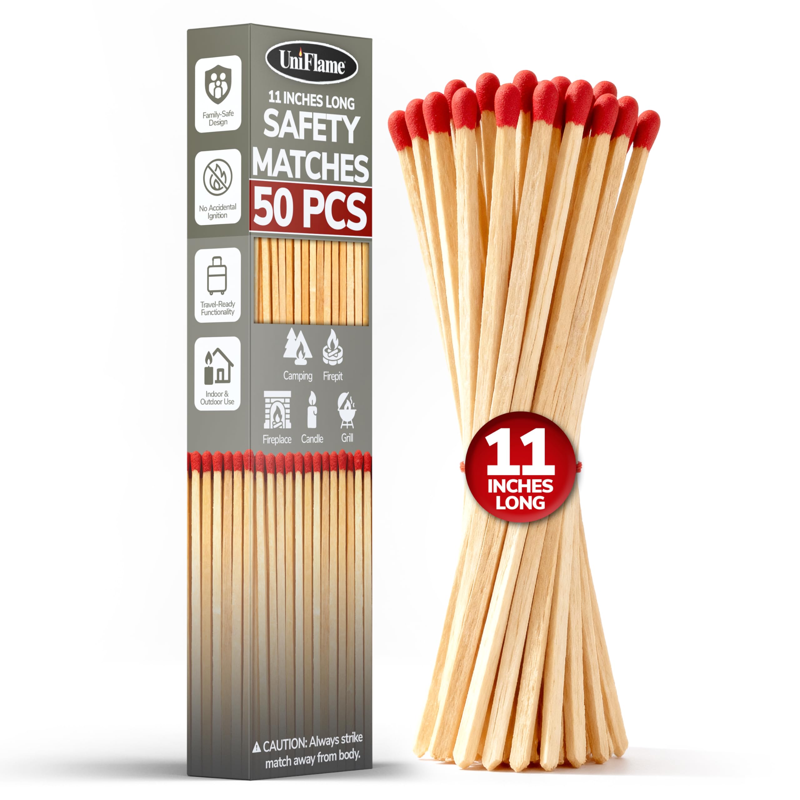 11-Inch Extra Long Wooden Safety Matches (1 Pack) - Ideal for Lighting Fireplace, Candles, Grills & Camping Firepits - Strike on Box - Heavy Duty Long Matches for Fireplace - 50 Count