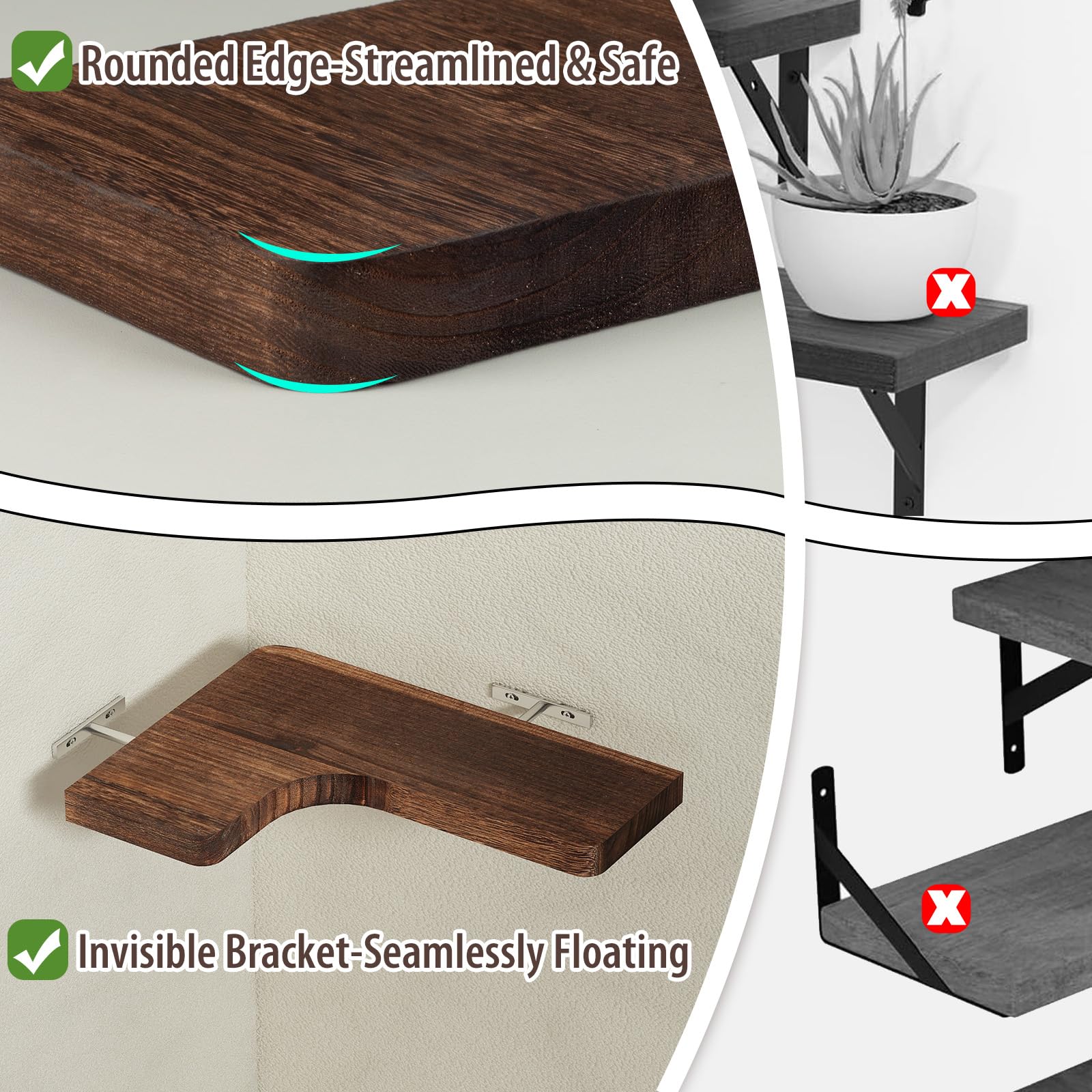 SAUMONIERES Estantes flotantes de esquina para montaje en pared, madera maciza para dormitorio, baño, cocina, almacenamiento, juego de 3, marrón rústico, soportes invisibles