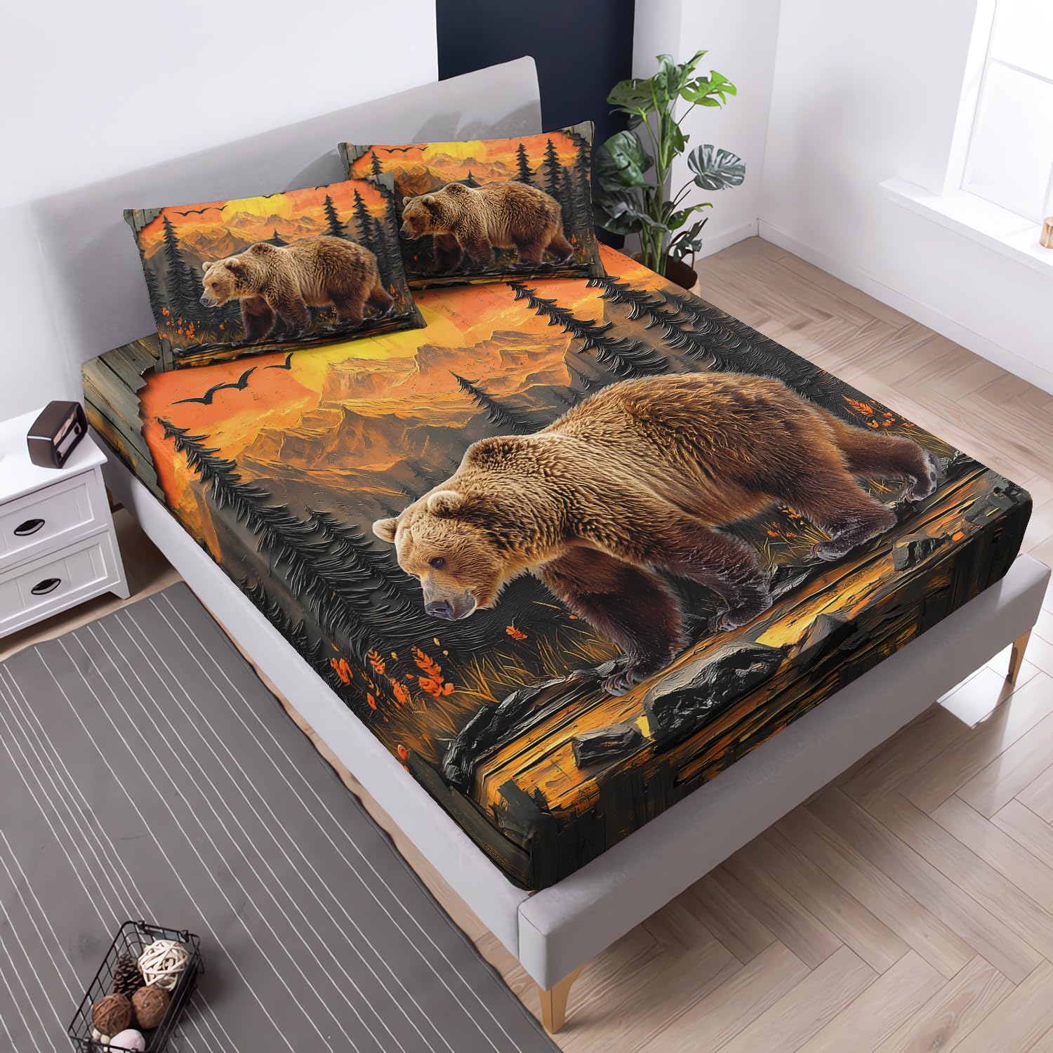 Bear Fitted Sheet Set Twin Size,Pine Mountain Sunset Pattern Bed Set for Adults Kids Boys Men,Wild Animal Retro Bedding Set,1 Fitted Sheet+2 Pillowcases.