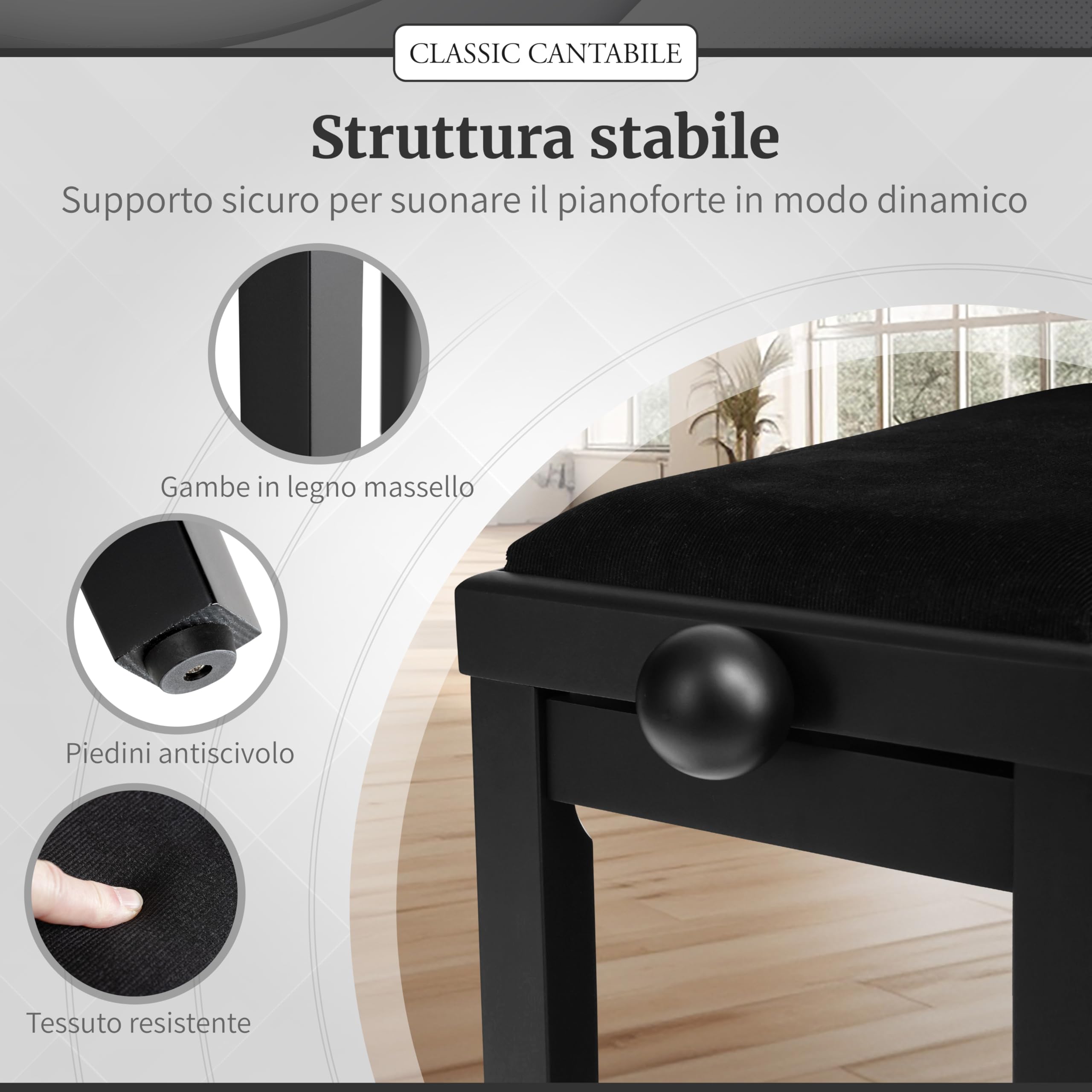 Classic Cantabile Panca per pianoforte nero opaco - Altezza regolabile da 47 a 56 cm - Sgabello con meccanismo a fuso - Seduta panchetta 55 x 32 cm - Sedia con rivestimento in velluto, stabile