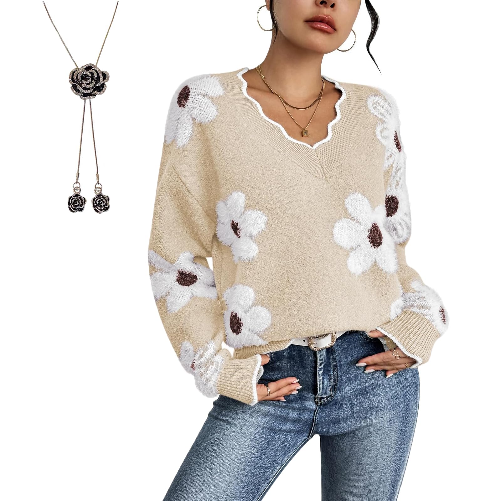 Womens Floral Pattern Scallop Trim Flower Sweater V Neck Sexy Drop Shoulder Knit Pullover Sweaters Loose Daisy