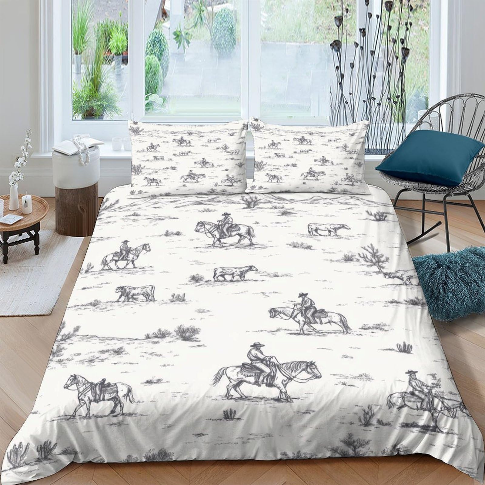 GPLZQXKJNH 3D Printed Cowboy Western Horse Duvet Cover Microfiber Soft Breathable Pastoral Prairie Bedding Set with 2 Pillowcases for Bedroom Decor, Single（135x200cm）