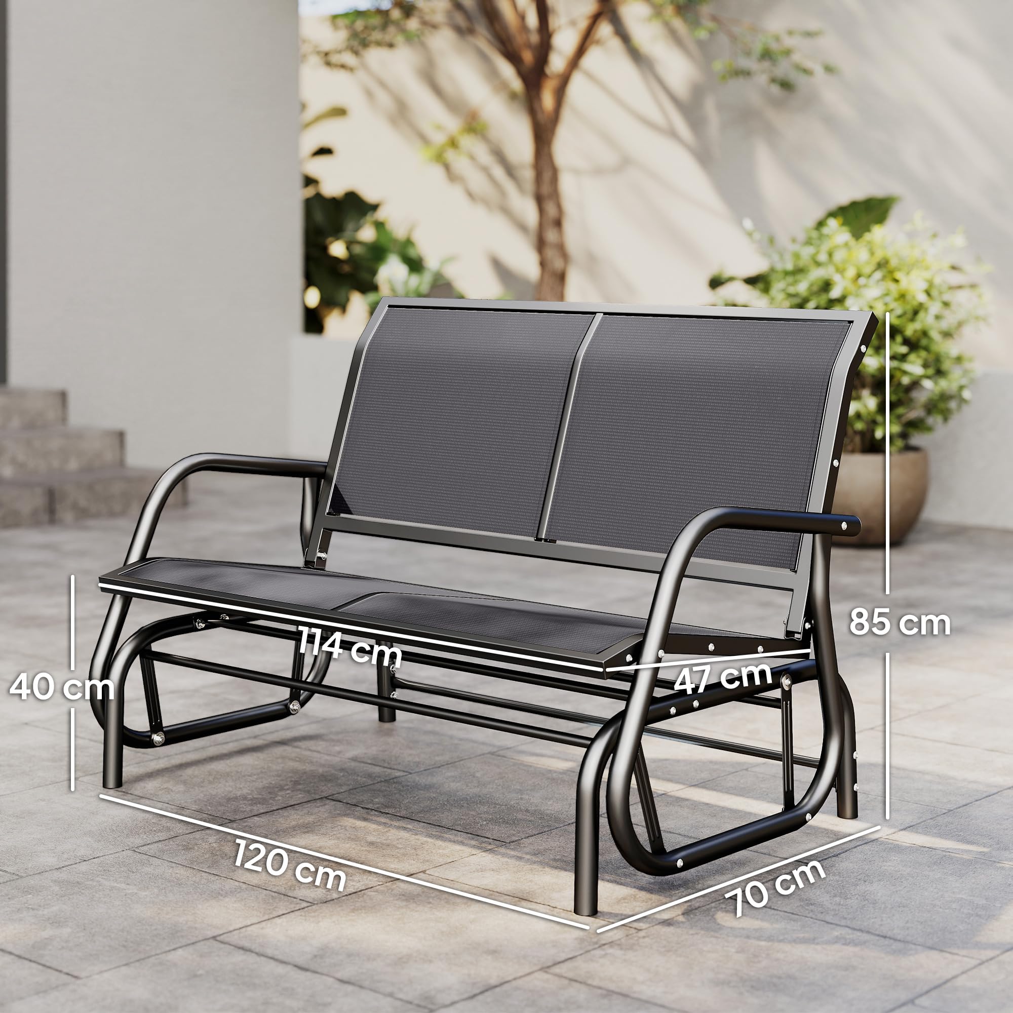 Outsunny Banc à Bascule de Jardin 2 Places Design Contemporain Grand Confort accoudoirs Assise, Dossier Ergonomique Acier textilène Gris