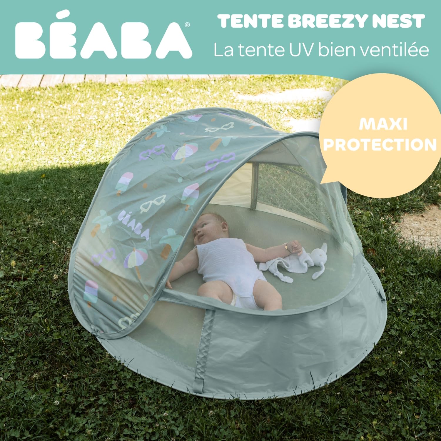 BÉABA, Tente de Plage, Tente anti UV Bébé 2 en 1, 0-24Mois, Protection Solaire Maximale UPF50+, UV filtrés, Ventilation 360°, Moustiquaires, Spacieuse, Système Pop-UP, Sac Transport, Breezynest,Lichen