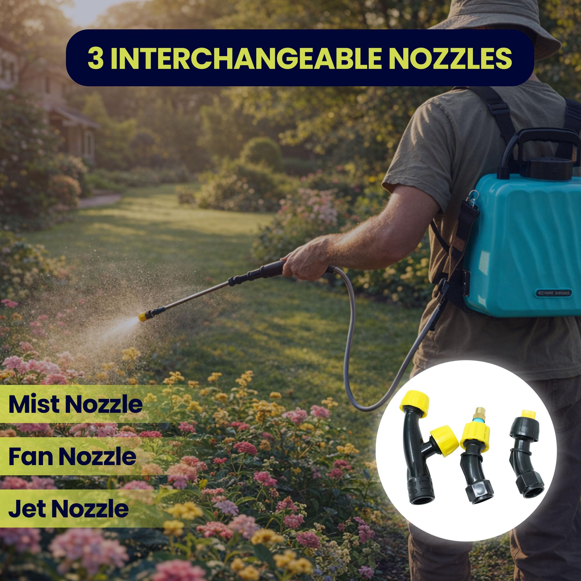 Dapetz ® Pulvérisateur à pression de jardin à piles de 5 L – Pulvérisateur électrique pour mauvaises herbes et eau avec 3 modes de pulvérisation réglables, 3 buses de pulvérisation, indicateur de
