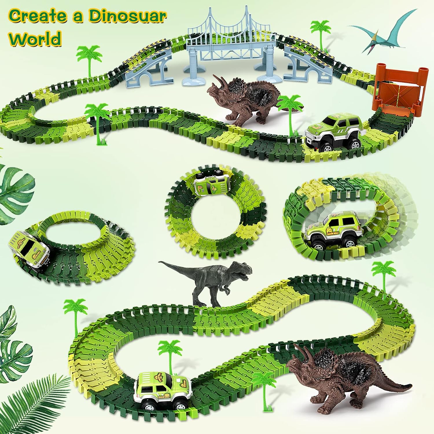 Dinosaur Toys for 3-7+ Year Old Boys Girls, Flexible Tracks Race Car Set, World Road Race Birthday Gift for Kids Aged 3-5 - Image 4