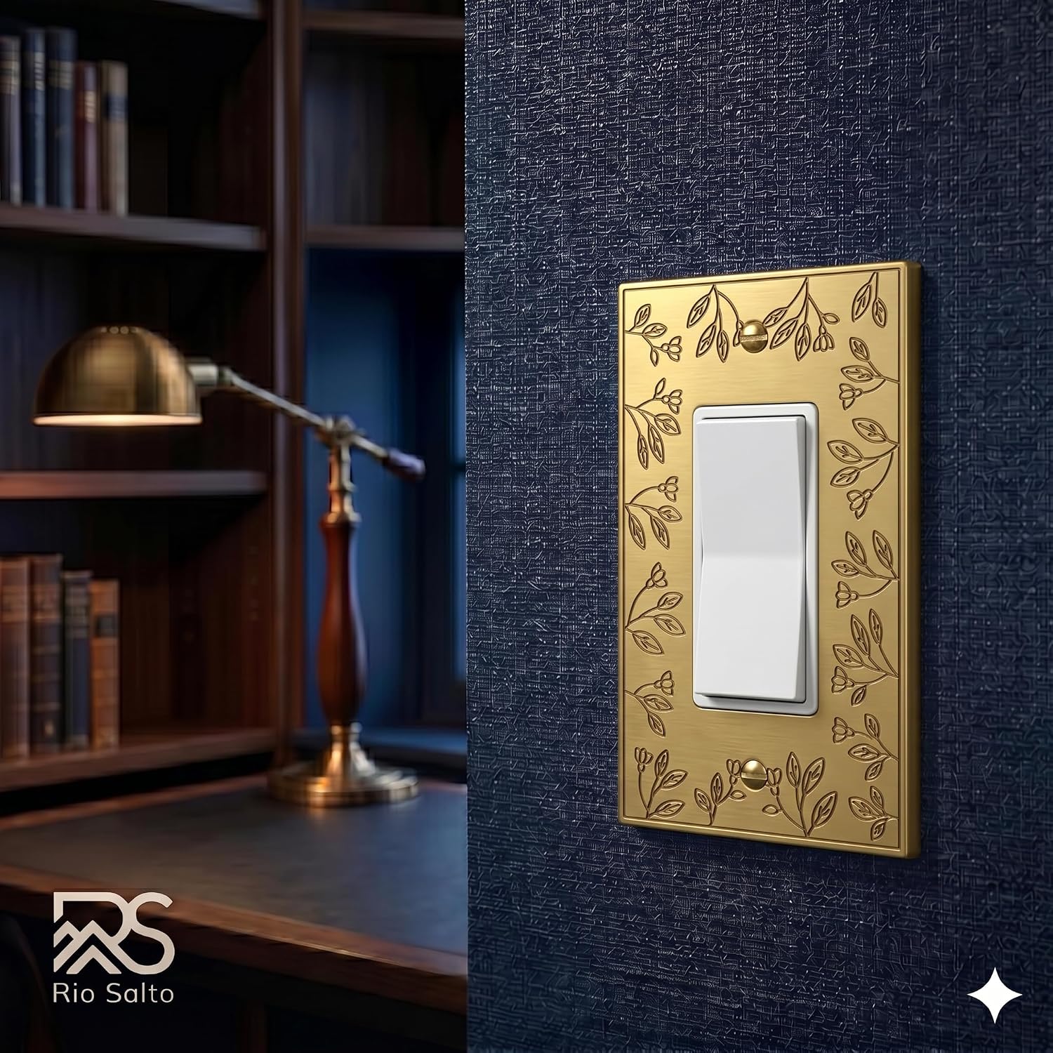 Rio Salto Floral Collection Brushed Brass Gold Decorative Rocker Light Switch Plate and Outlet Cover Wall Plate 2 Pack – 1 Gang 5" x 3.13" Metal Design Midsize Premium Heavy-Gauge Wall Plates