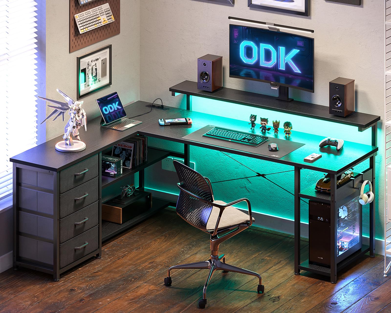 ODK Scrivania con Cassetti, Scrivania ad Angolo Reversibile con 2 Prese e 2 Porte USB, Scrivania ad L con LED per Ufficio a Casa, Nero, 155×110cm