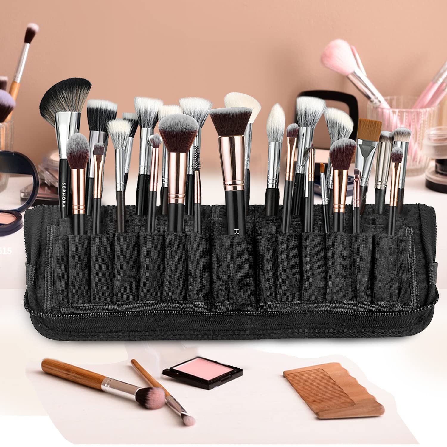 Bolsa para brochas de Maquillaje Bolsa Plegable para brochas de Maquillaje Estuche Profesional para brochas para Viajes y casa (brochas no Incluidas)