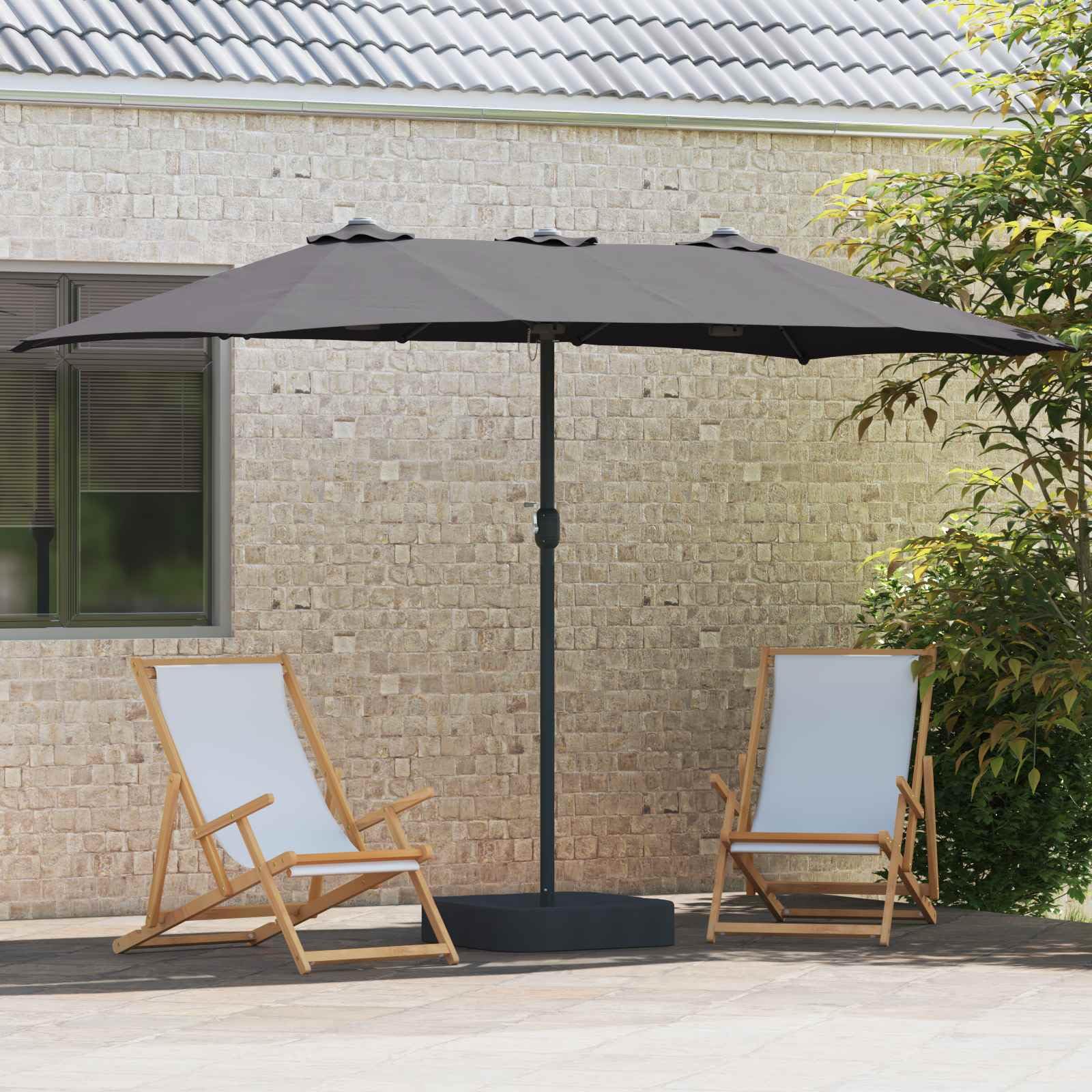 Sombrilla de jardín antracita 385 x 209 x 244 cm, poliéster resistente a los rayos UV, plegable con manivela, iluminación LED solar para terraza, balcón y jardín
