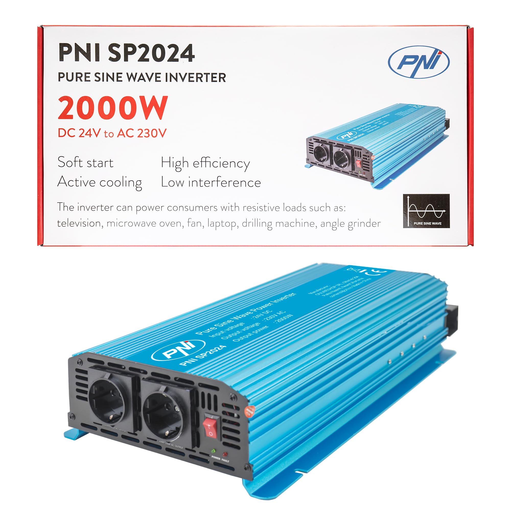 Convertitore di tensione PNI SP2024 24 V alimentatore 230 V uscita 2000 W onda sinusoidale pura