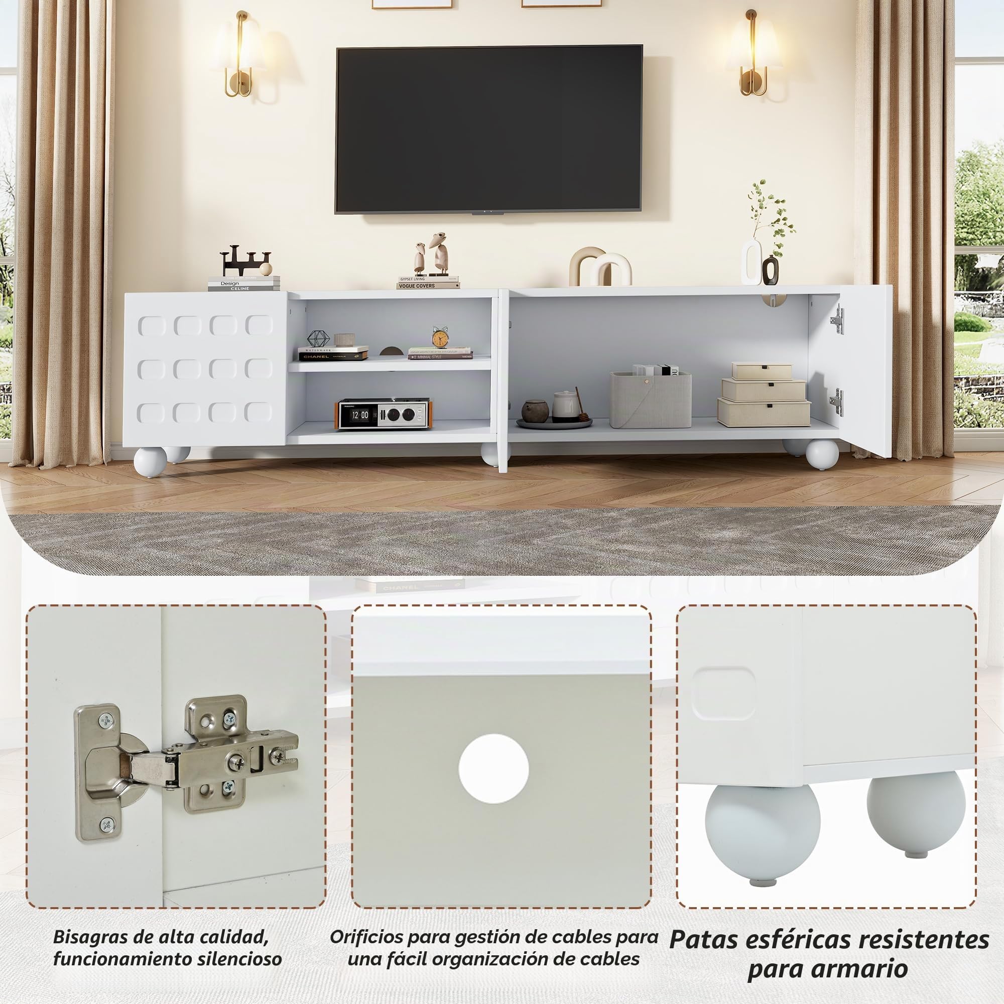 Mueble bajo para TV (200 x 40 x 44 cm, 3 puertas, con diseño impreso, 5 patas, 200 cm, apto para televisores de hasta 80 pulgadas), color blanco