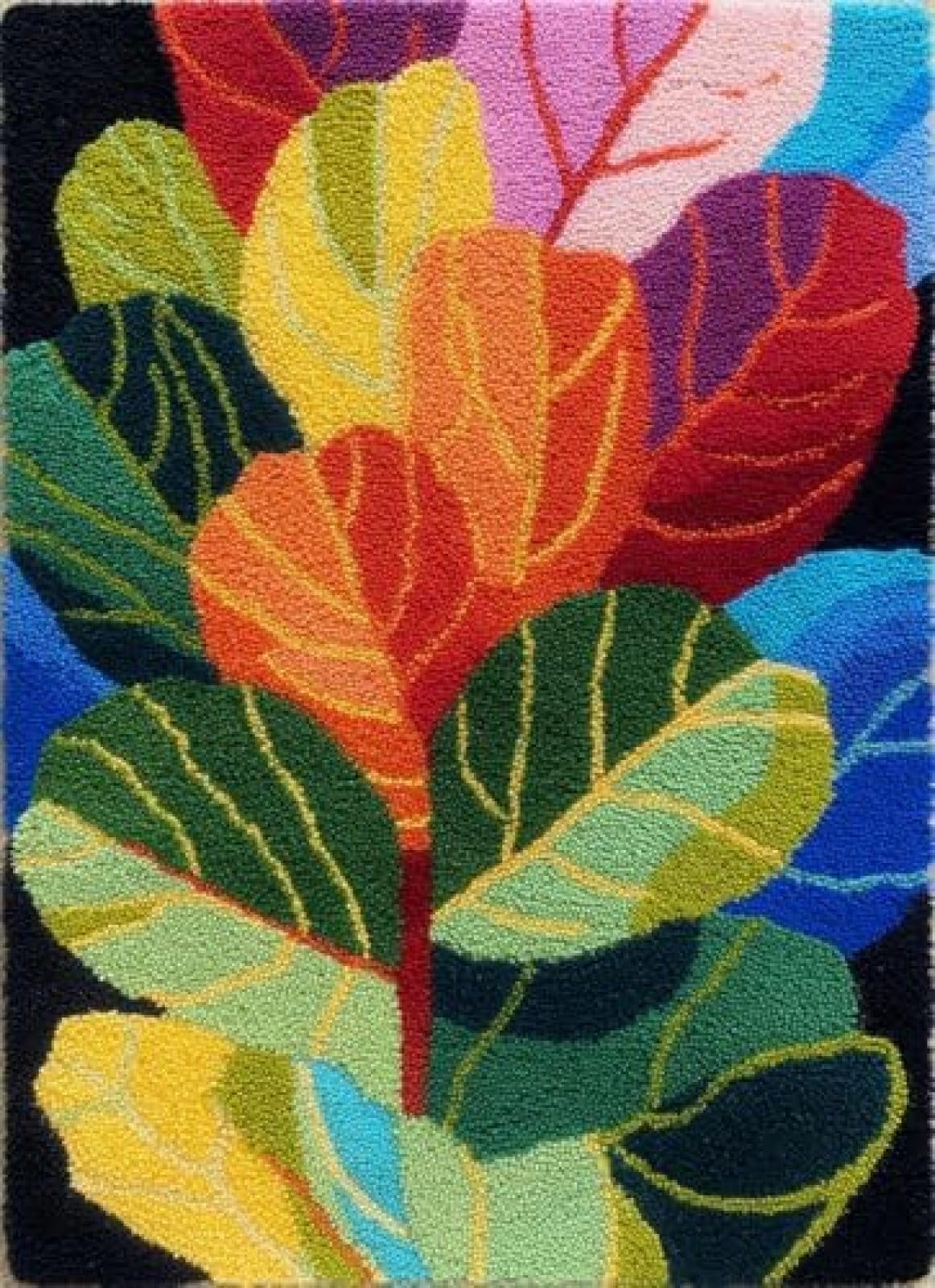XDEGHUANGSS Latch Hook Rug Kit Ficus Lyrata Leaves with Pre-Printed Mat Cover DIY Cushion Crochet Yarn Hooking Craft Set for Floor Decor 38x52cm-2