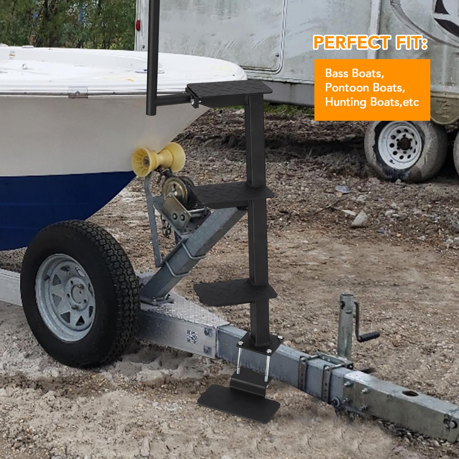 Garvee Bootstrailer Treppe Aus Metall, 3 Stufen Bootstreppe Mit Handlauf, Robuste Trailer Einstiegshilfe Mit Bodenstufe, Schwarz, Für Boot & Anhänger