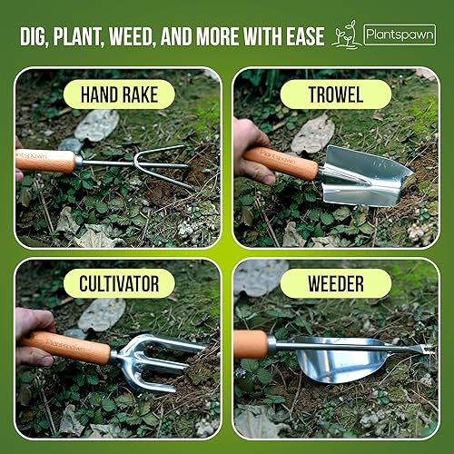 Miniatura 7 de Juego de 9 herramientas de jardinería con bolsa  Herramientas de mano resistentes al óxido con asas de madera que incluyen 15 etiquetas de plantas