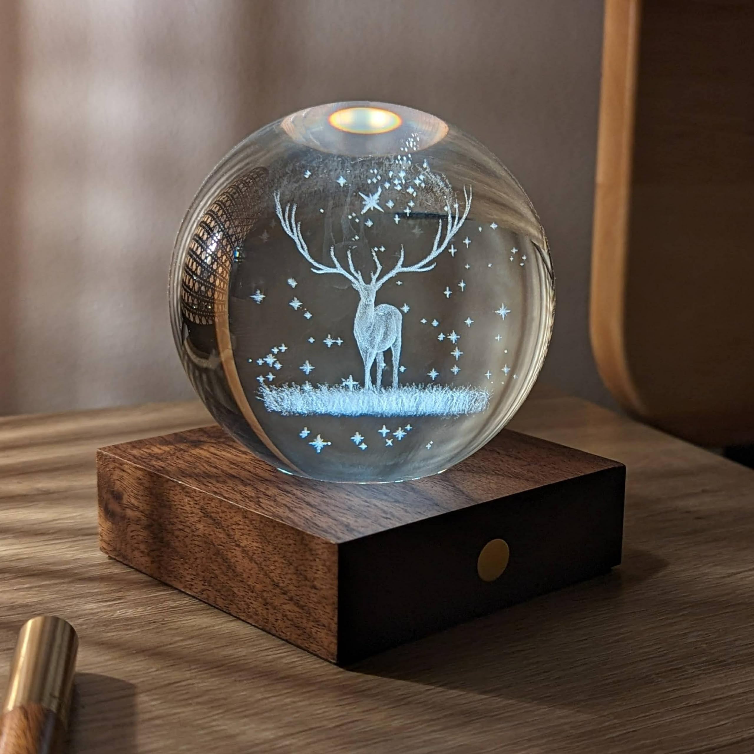 Gingko Amber 3D Laser Engraved Premium Crystal Light with Wooden Walnut Base, LED Lights, Touch Control Button, 4 Light Brightness, USB-C Charging, Packed in Premium Gift Box (Stag) - Image 2