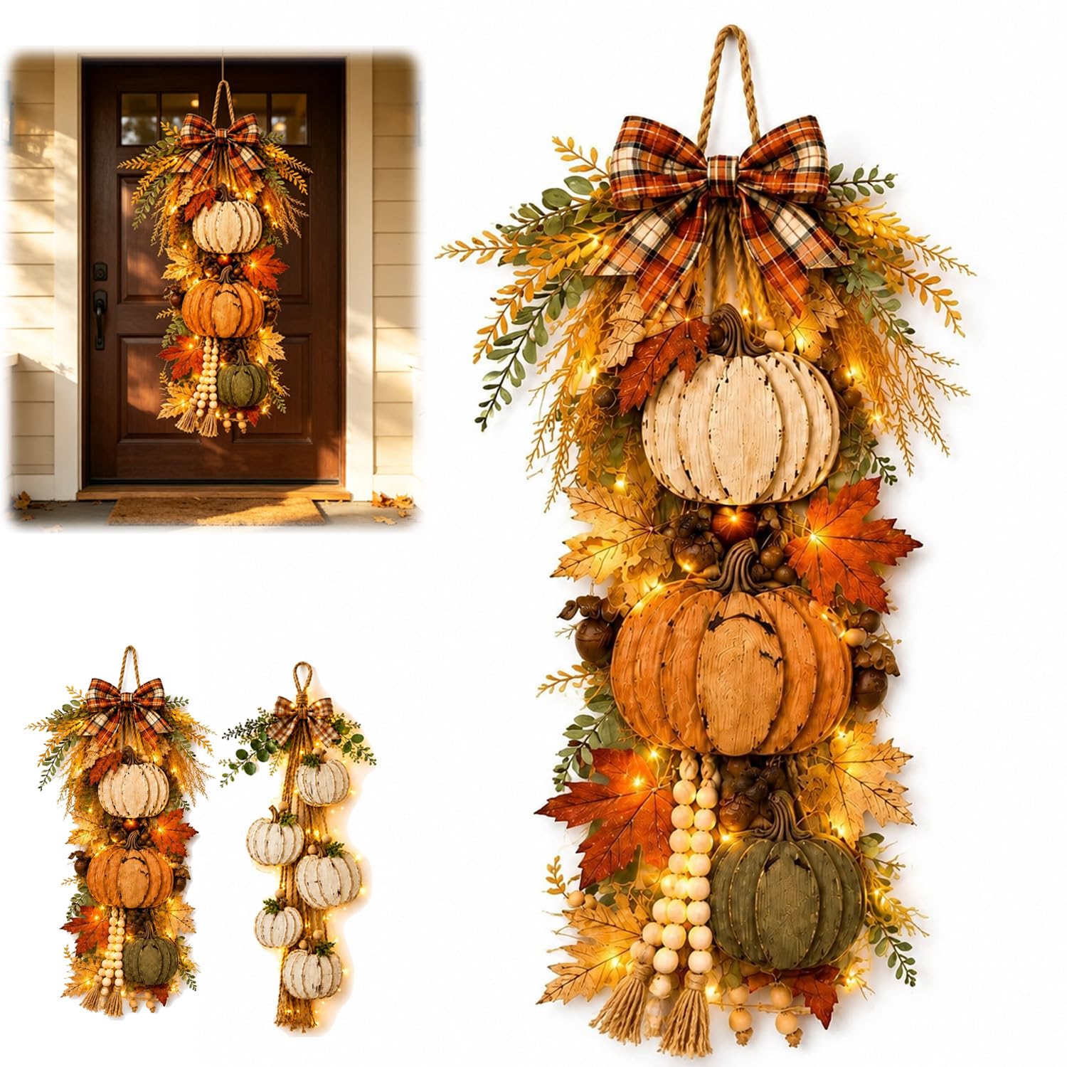 Rustic Wooden Pumpkin Door Hanging with Warm LED Lights，A1