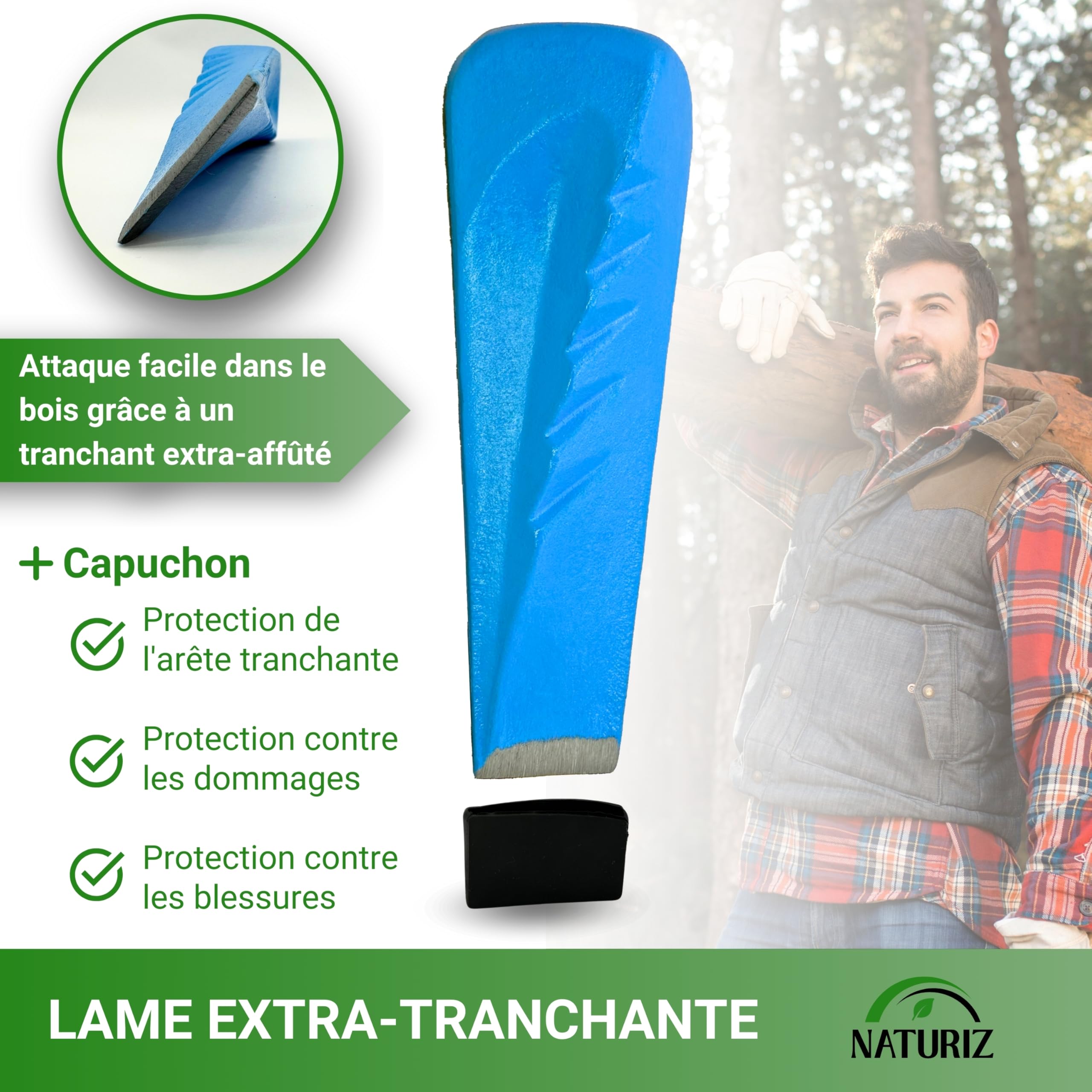 NATURIZ® Coin Fendeur pour Bois 2,3 kg – Coin de Fendage Torsadé Extra Tranchant, Bleu