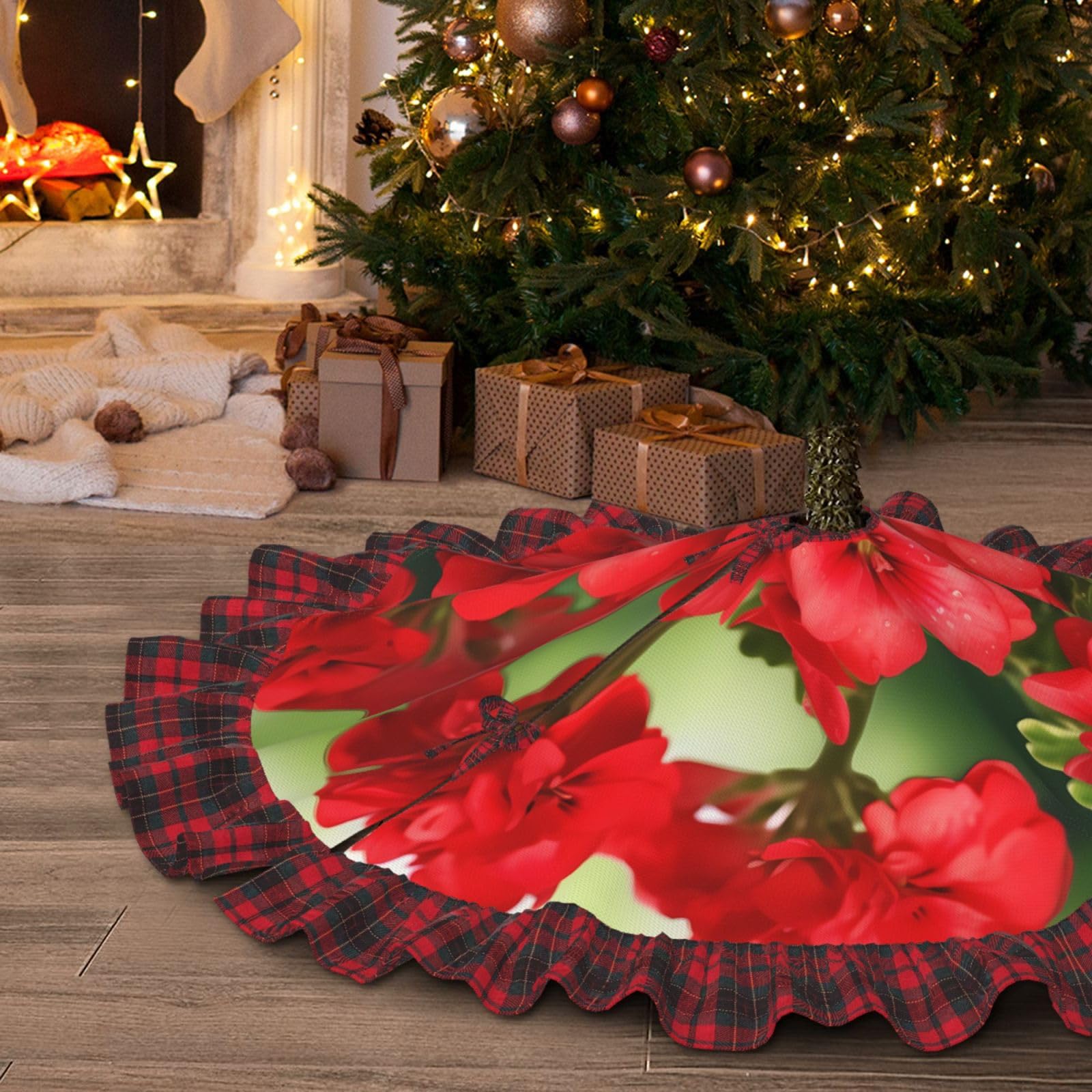 Jupe de sapin de Noël 122 cm rustic tapis étanche brodé géranium