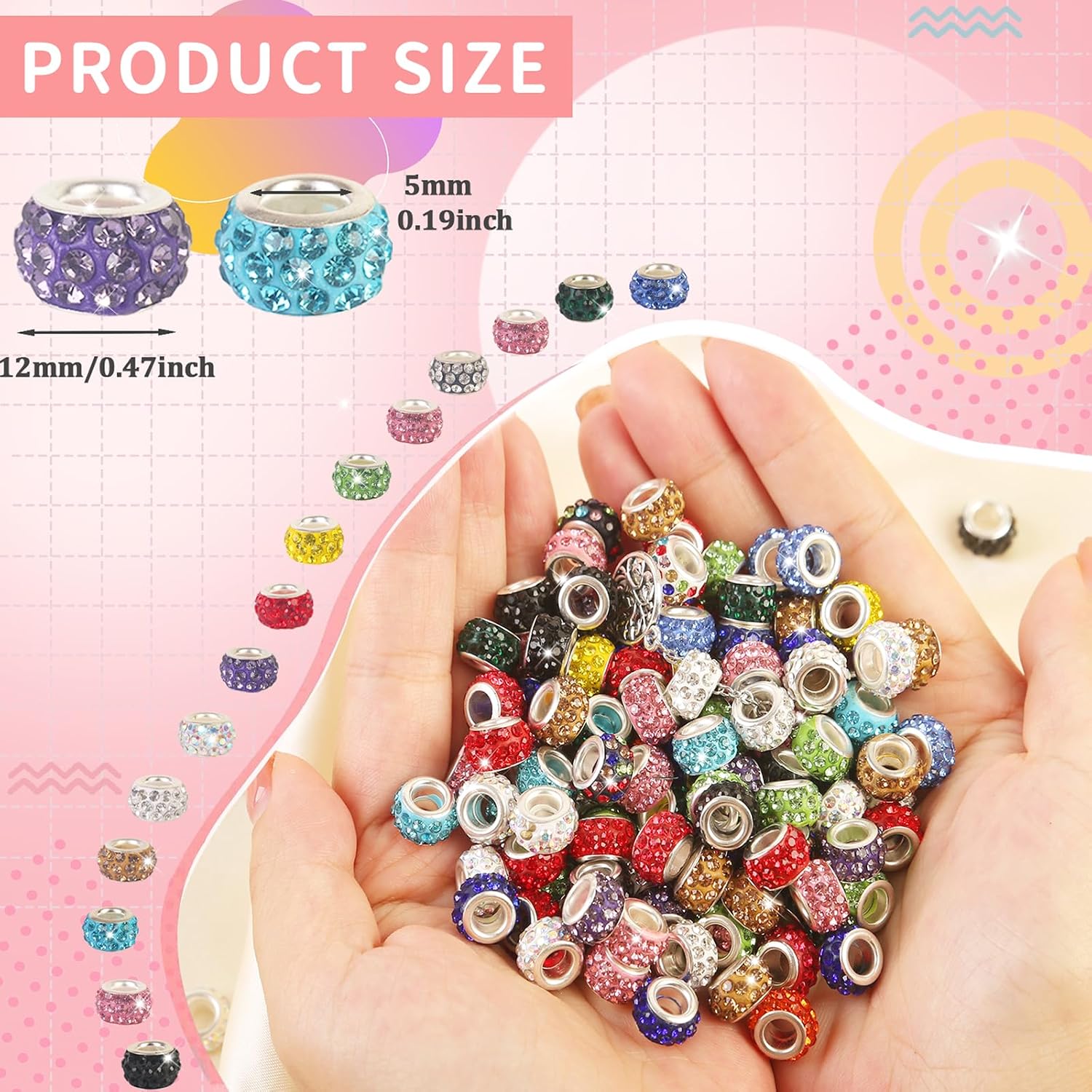 400 Pieces Large Hole Beads Mixed Color Rhinestone European Beads Large Hole Fairy Wand Garden Beads Lampwork Craft Spacer Beads for DIY Charms Bracelets Necklace Earring Jewelry Making Supplies