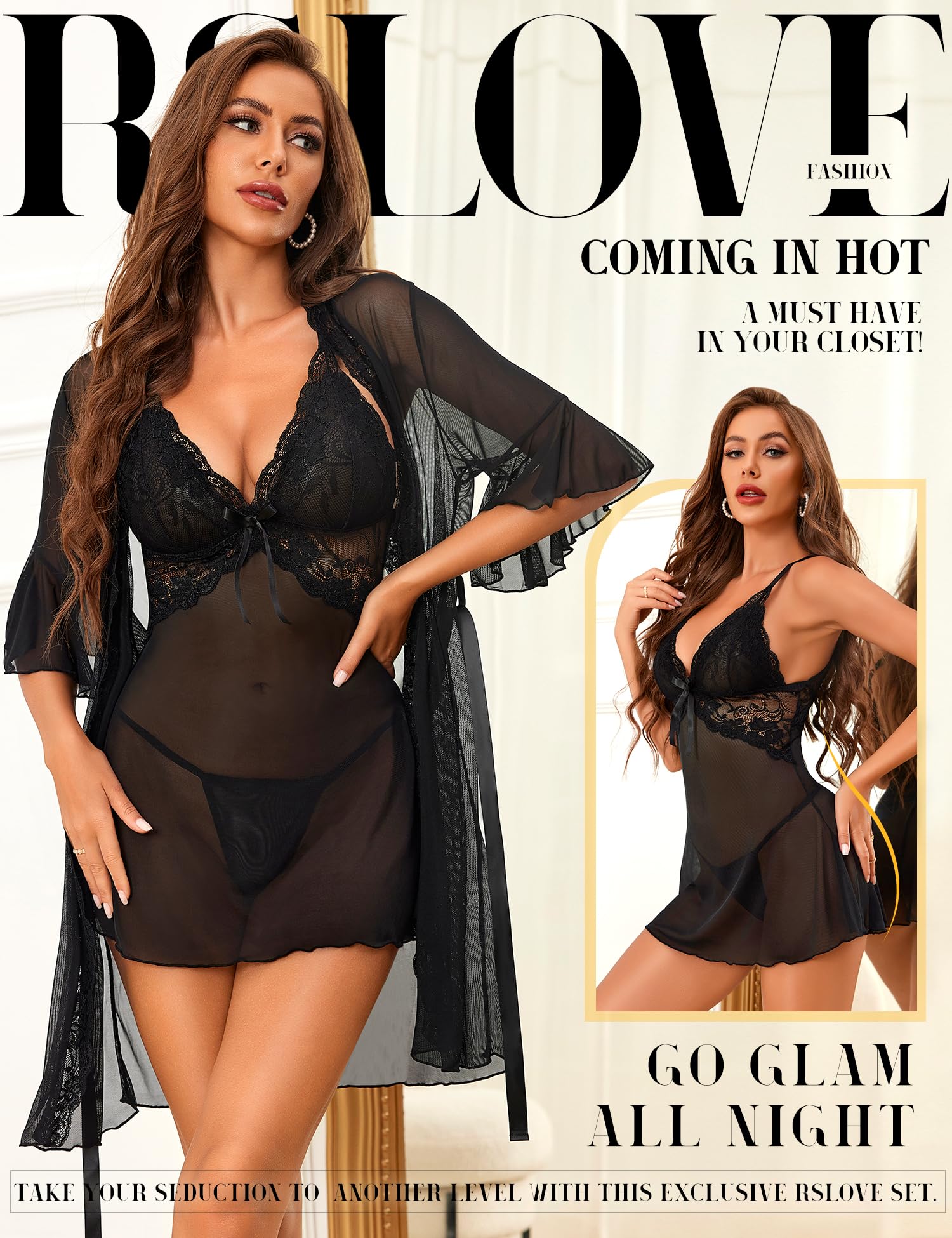 RSLOVE Intimo Donna Sexy Lingerie Babydoll in Pizzo Accappatoio Completo Intimi Set Pigiama Vestaglia