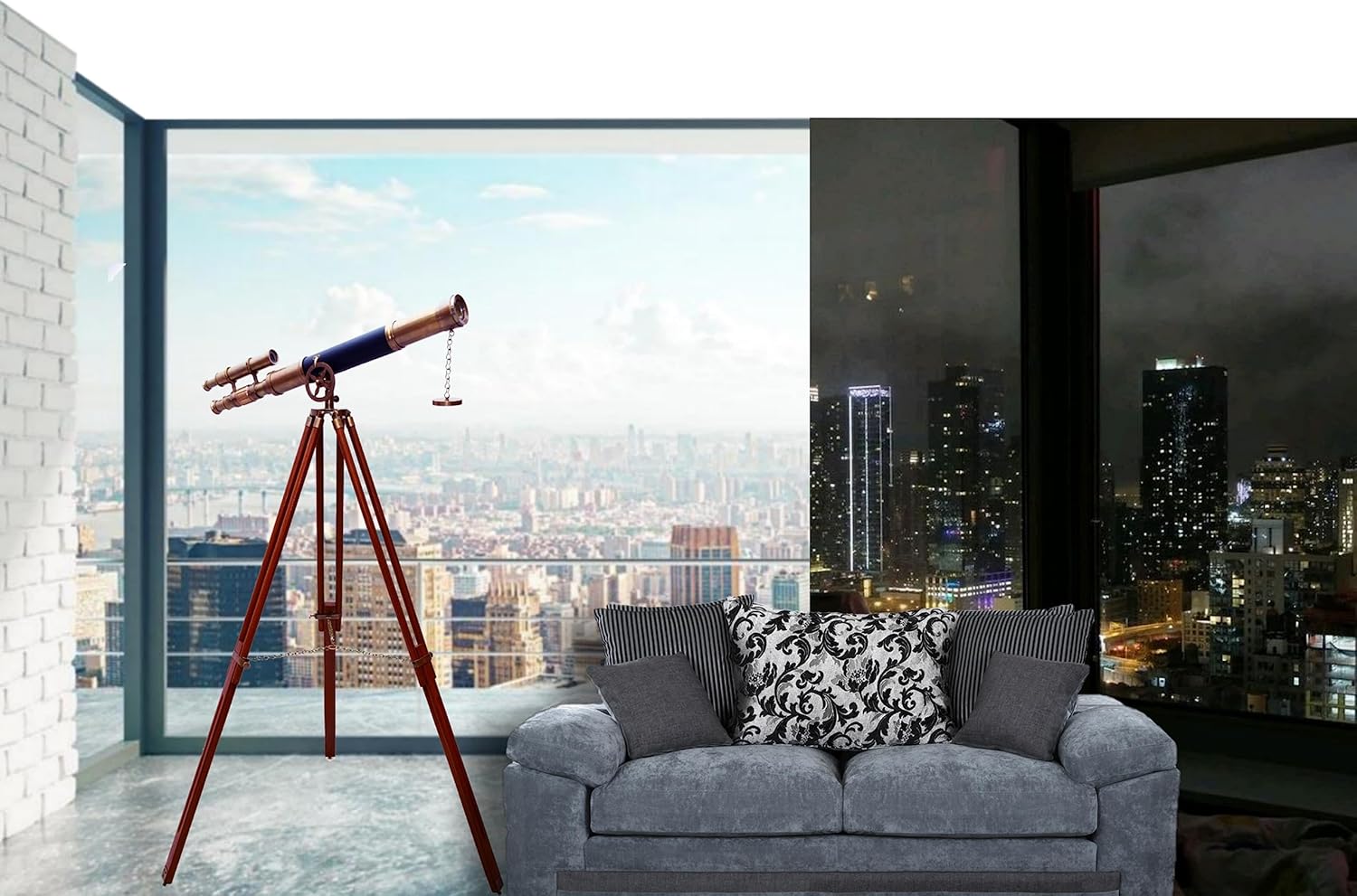 Nautical Marine Designer Brass Telescope Antique Finish Double Barrel Black Leather Coverd Wooden Brown Tripod Floor Standing Royal Handmade Telescope