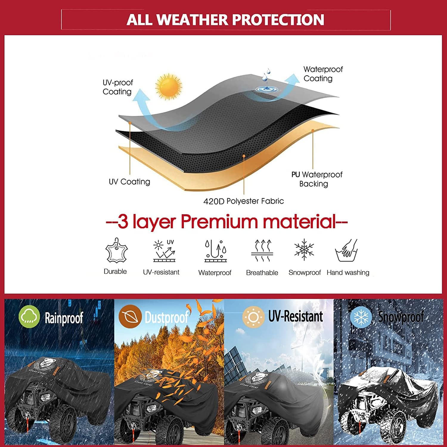 ClawsCover ATV Cover Heavy Duty Waterproof Outdoor XL-Plus 83 Inch Fadeless 420D Oxford Cloth Quad ATC 4 Wheeler Covers All Season All Weather UV Protection for Kawasaki Yamaha Suzuki Honda Polaris : Patio, Lawn & Garden