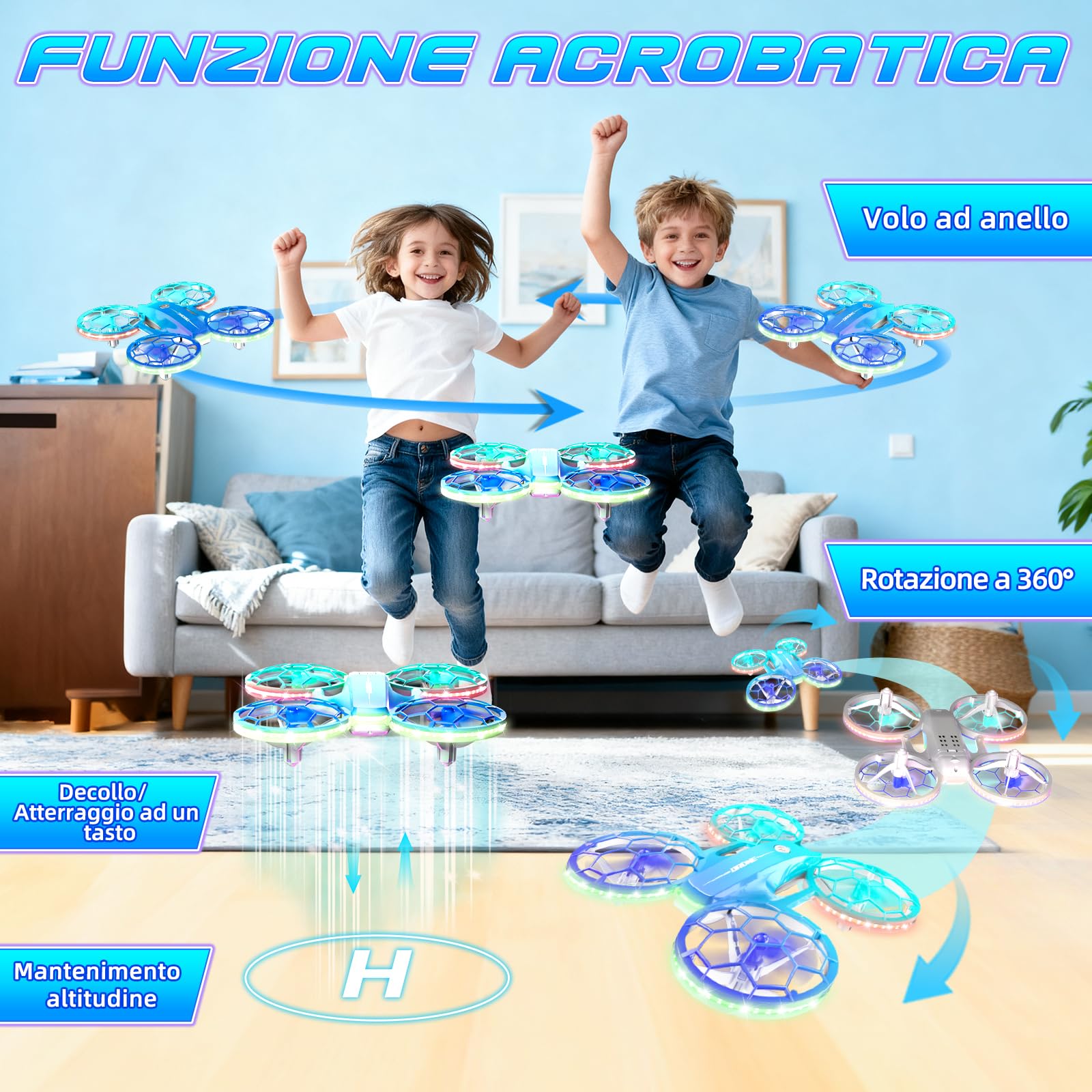 Charmofun Mini Drone Giocattolo per Bambini, Drone Telecomandato con 4 Effetti Luci Led, Droni per Principianti con Capriole a 360°, 3 Batterie, Regali per Bambini e Bambine 6 7 8 9 10+ Anni