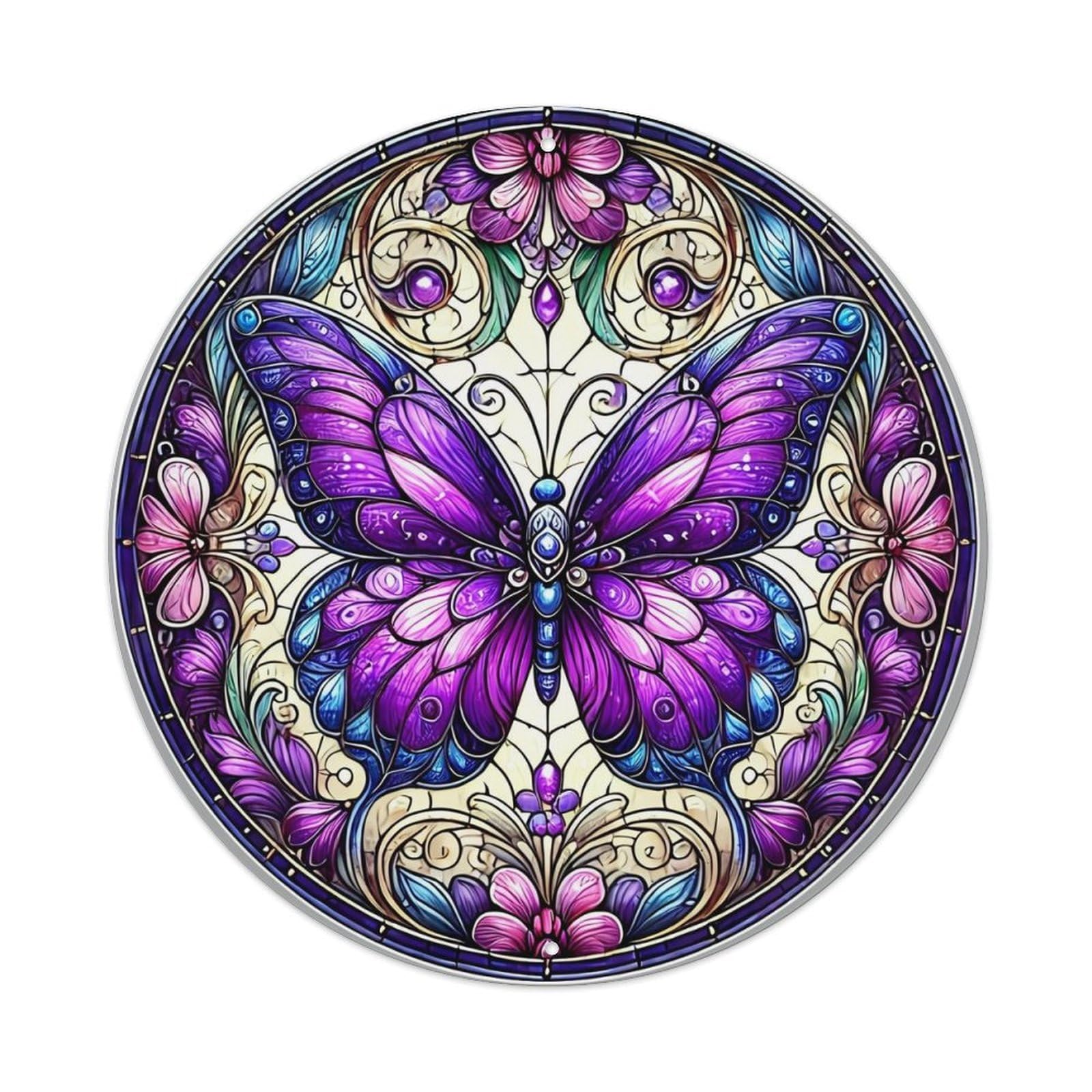 Stained Glass Butterfly Floral Pattern Round Metal Tin Sign Vintage Wall Decor, Bar Garage Cafe Kitchen Home Wall Art Poster 8x8inches
