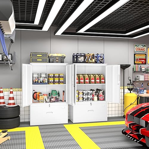 Miniatura 2 de Greenvelly Gabinete de almacenamiento de metal blanco, gabinete de acero de oficina de 42 pulgadas con puertas y estantes ajustables, archivador con