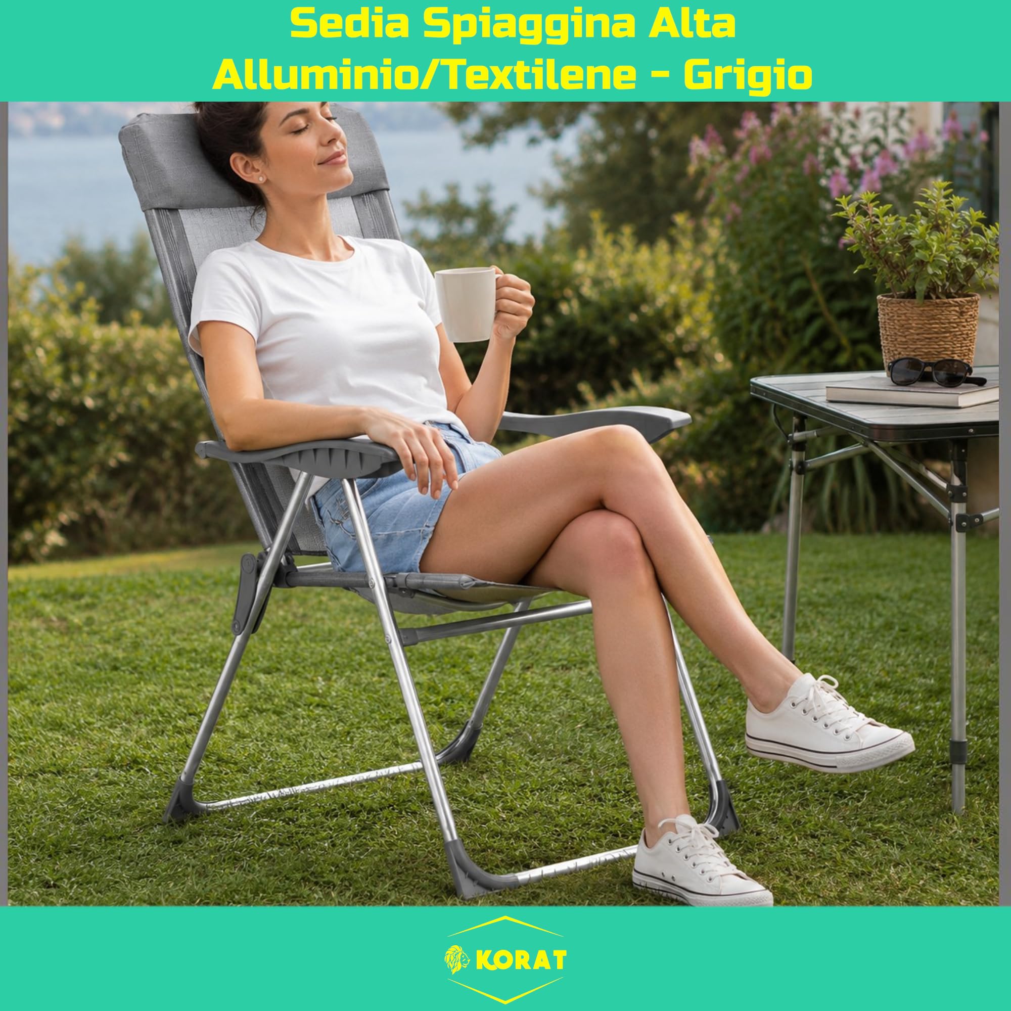 KORAT - Sedia Mare Pieghevole in Textilene con Poggiatesta, Struttura in Alluminio e Braccioli Ergonomici, per Spiaggia Campeggio Giardino, 58x38x110 cm - Spiaggina - Grigio
