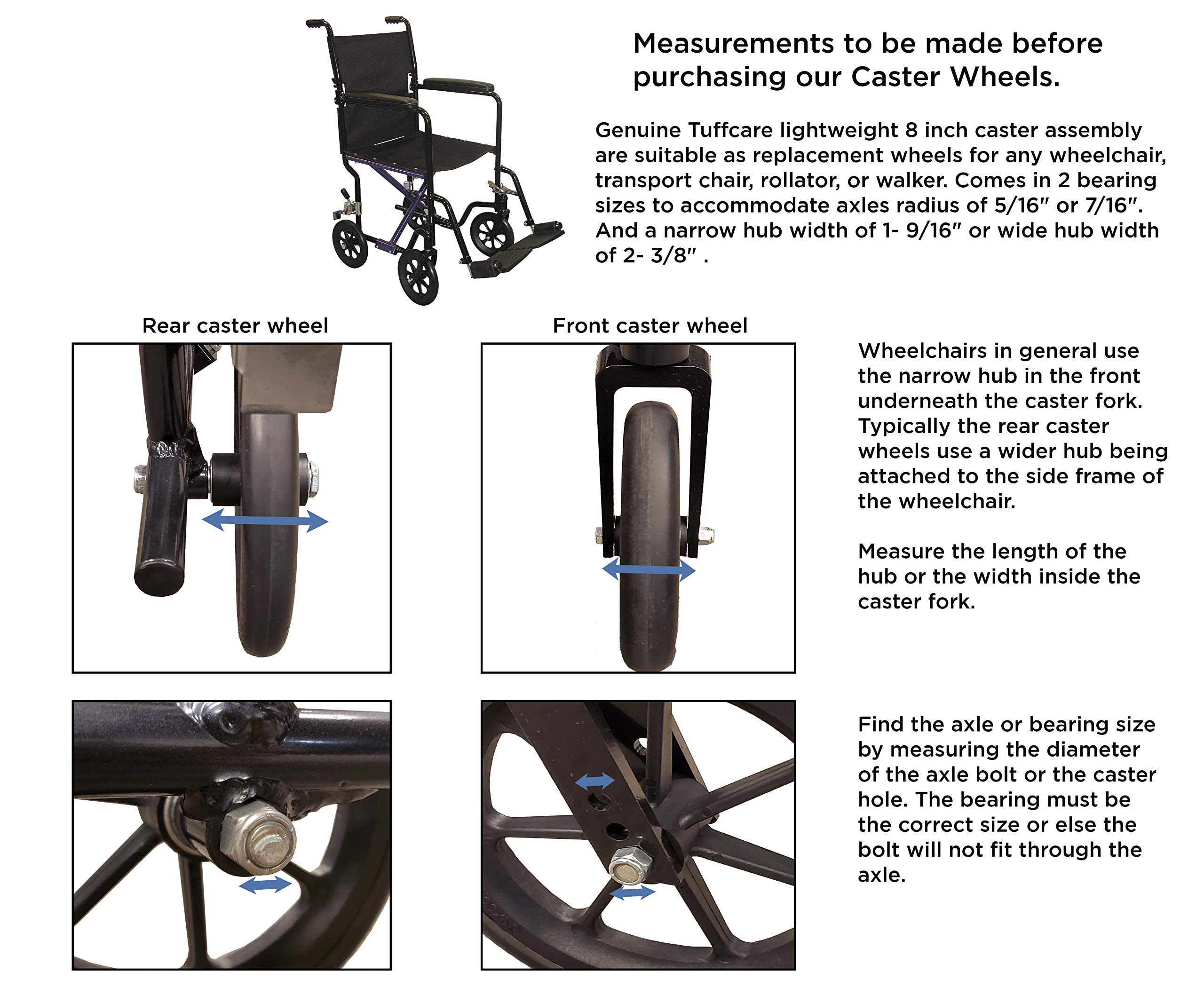 Koło samonastawne, opona z twardej gumy, szerokość piasty 20 cm x 1 - 2 3/8 cala; pasuje do większości wschodu słońca, medline, napędów, Invacare, E&J, Guardian, ALCO i innych ręcznych wózków inwalidzkich (szary, oś 5/16", szeroka piasta) jedna para