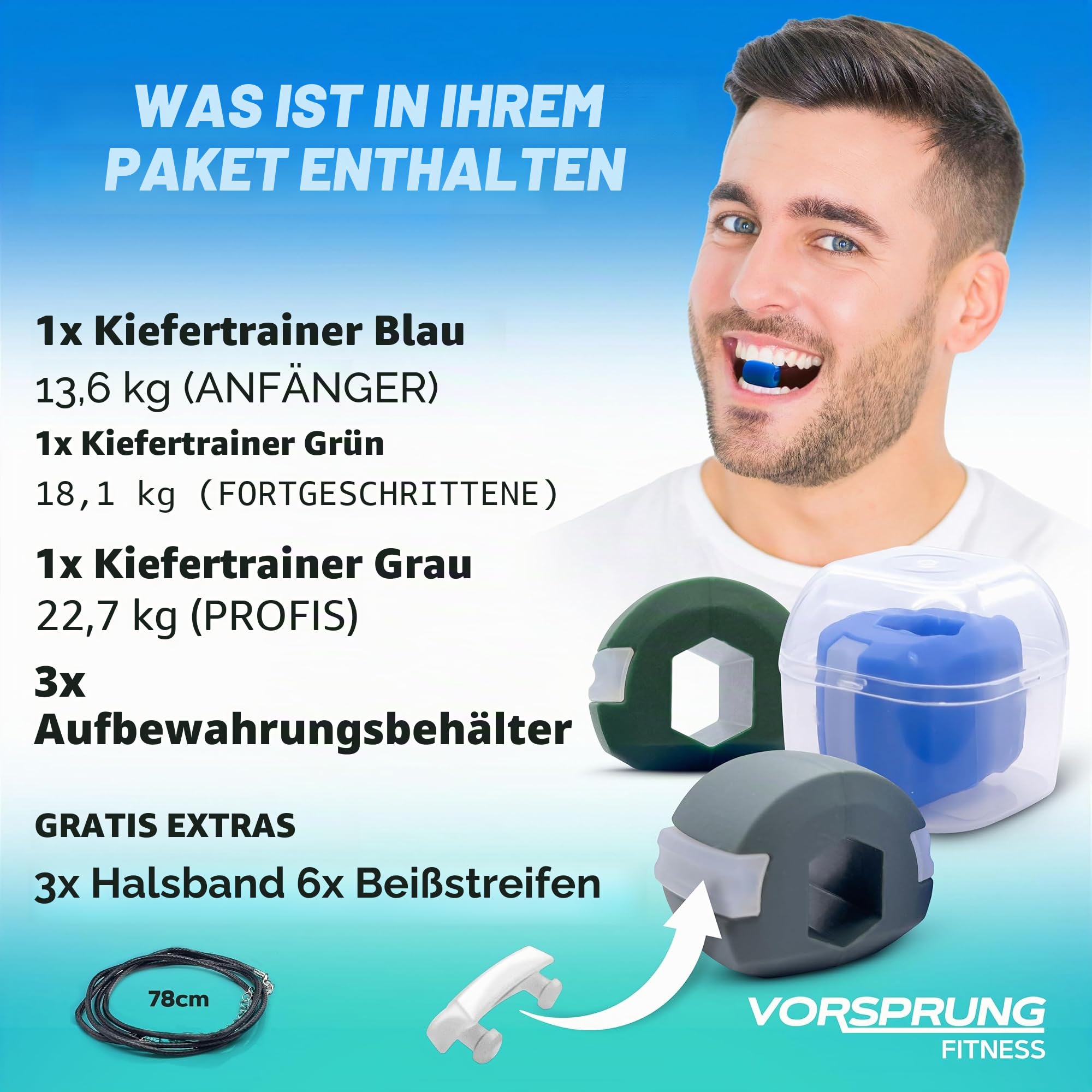 VORSPRUNG Kiefertrainer, Trainer für Gesicht, Mund, Meißel und Verbesserung der Kieferlinie, 3 Stufen – Nackentrainer – gratis 6 Beißstreifen und 3 Halsketten – UK-Verkäufer (1 Stück)