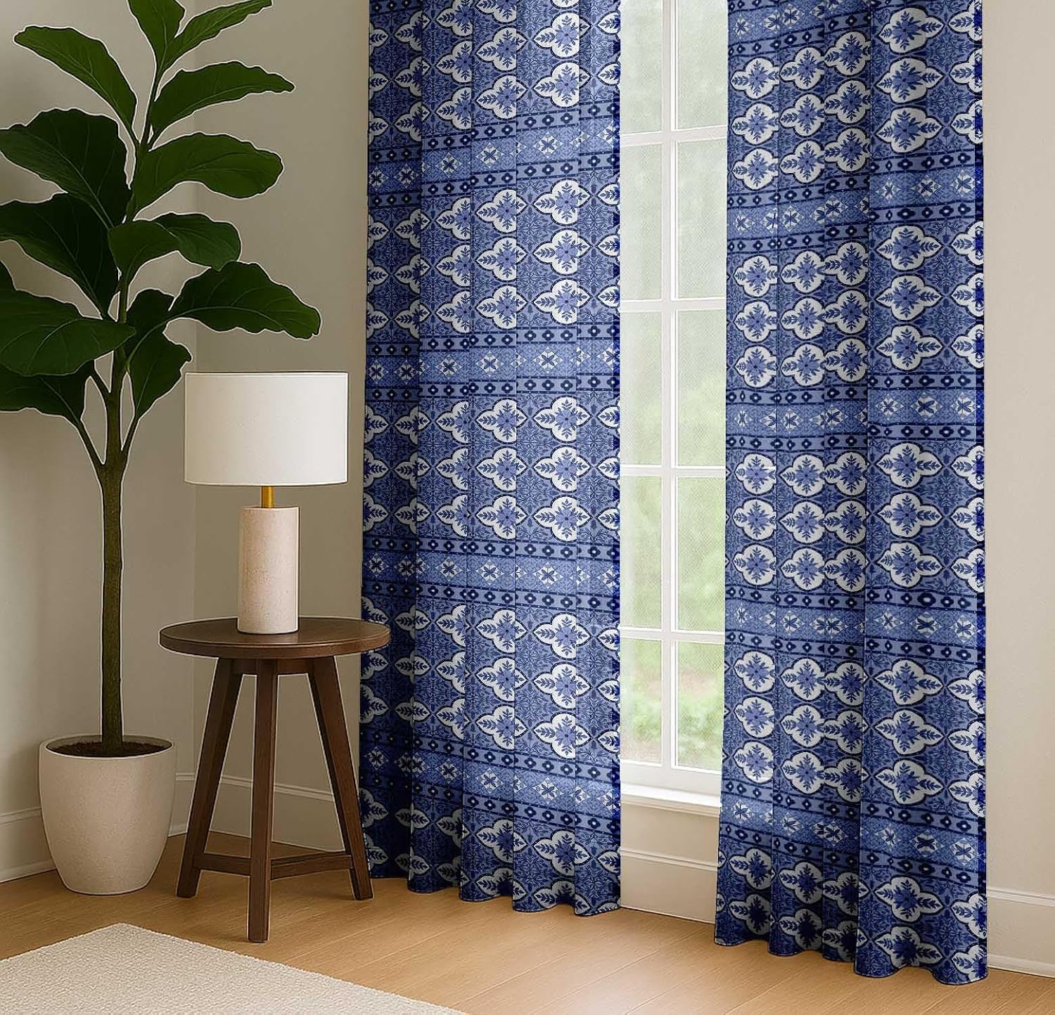 Cotton Curtains for Windows - 3-in-1 Rod Pocket/Back Tab Short Window Drapes - Light Filtering Cotton Canvas Panels - Set of 2, 52"x63" - Block Print (Blue)