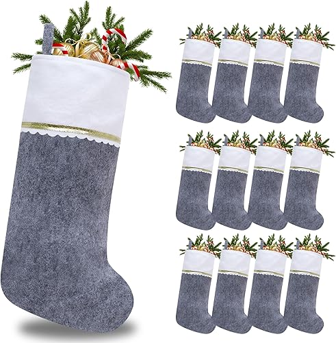 Miniatura 1 de Paquete de 12 medias de Navidad de fieltro gris y blanco, puño blanco de 19 pulgadas con ribete dorado, medias de Navidad para decoración de Navidad