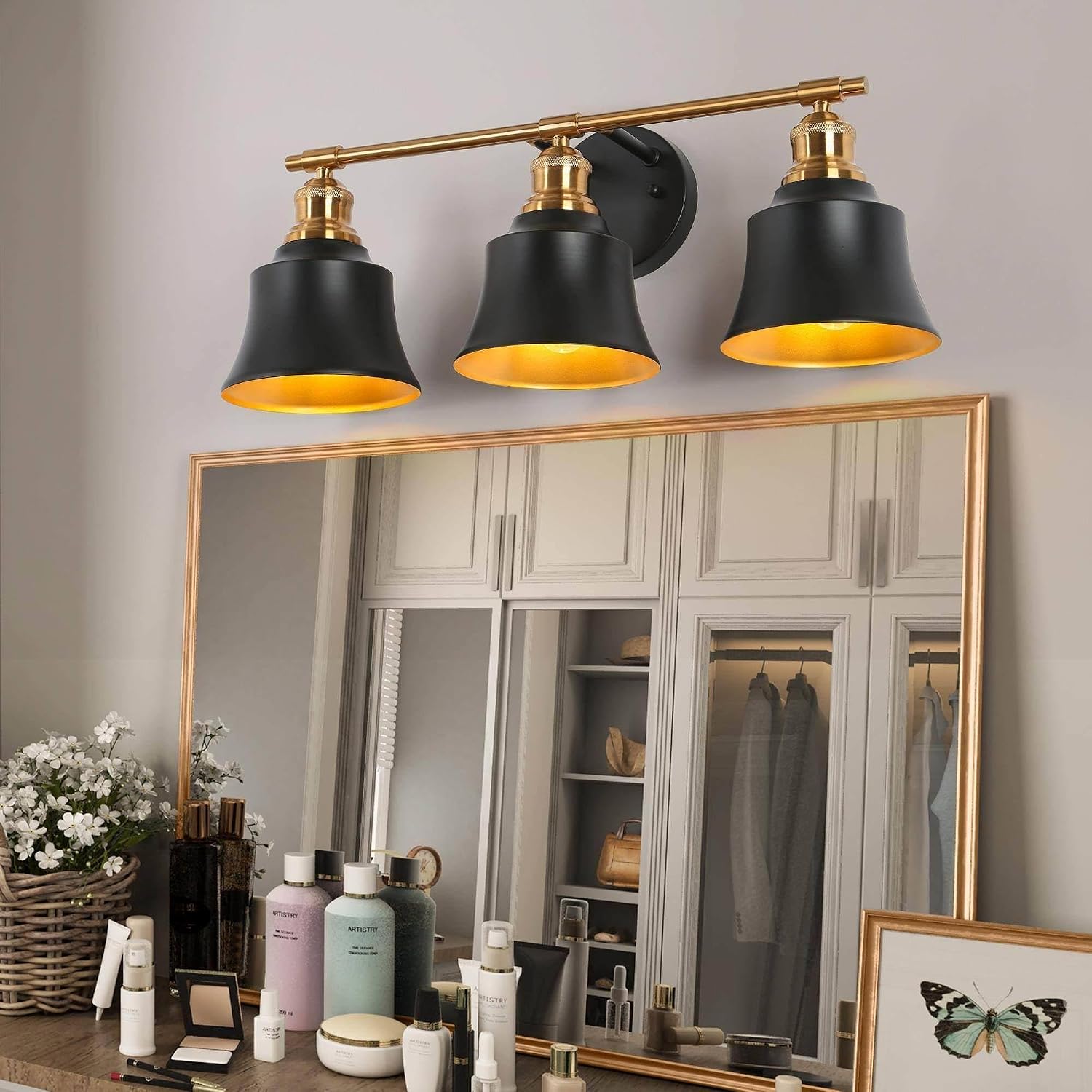 KSANA Black and Gold Vanity Light, Modern 3-Light Bathroom Light Fixture with Bell Metal Shade, Farmhouse Vanity Lighting Over Mirror 22”L