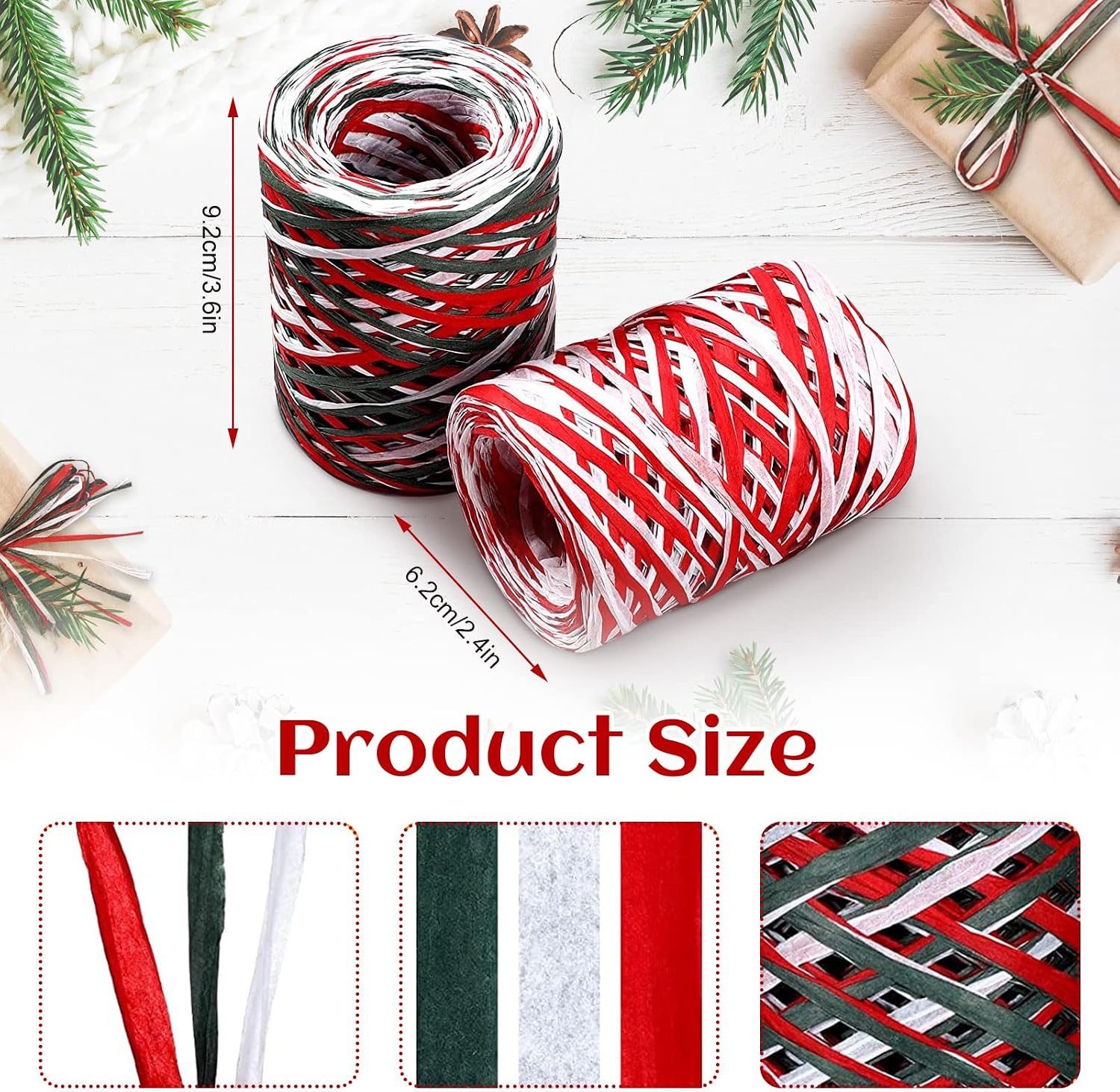 2 Rolls Christmas Raffia Ribbon, 656 Feet Colored Matte Raffia Paper Ribbon Packing Twine Decor Red Green White Natural Raffia for Craft Gift Wrapping DIY Crafts Holiday Decoration
