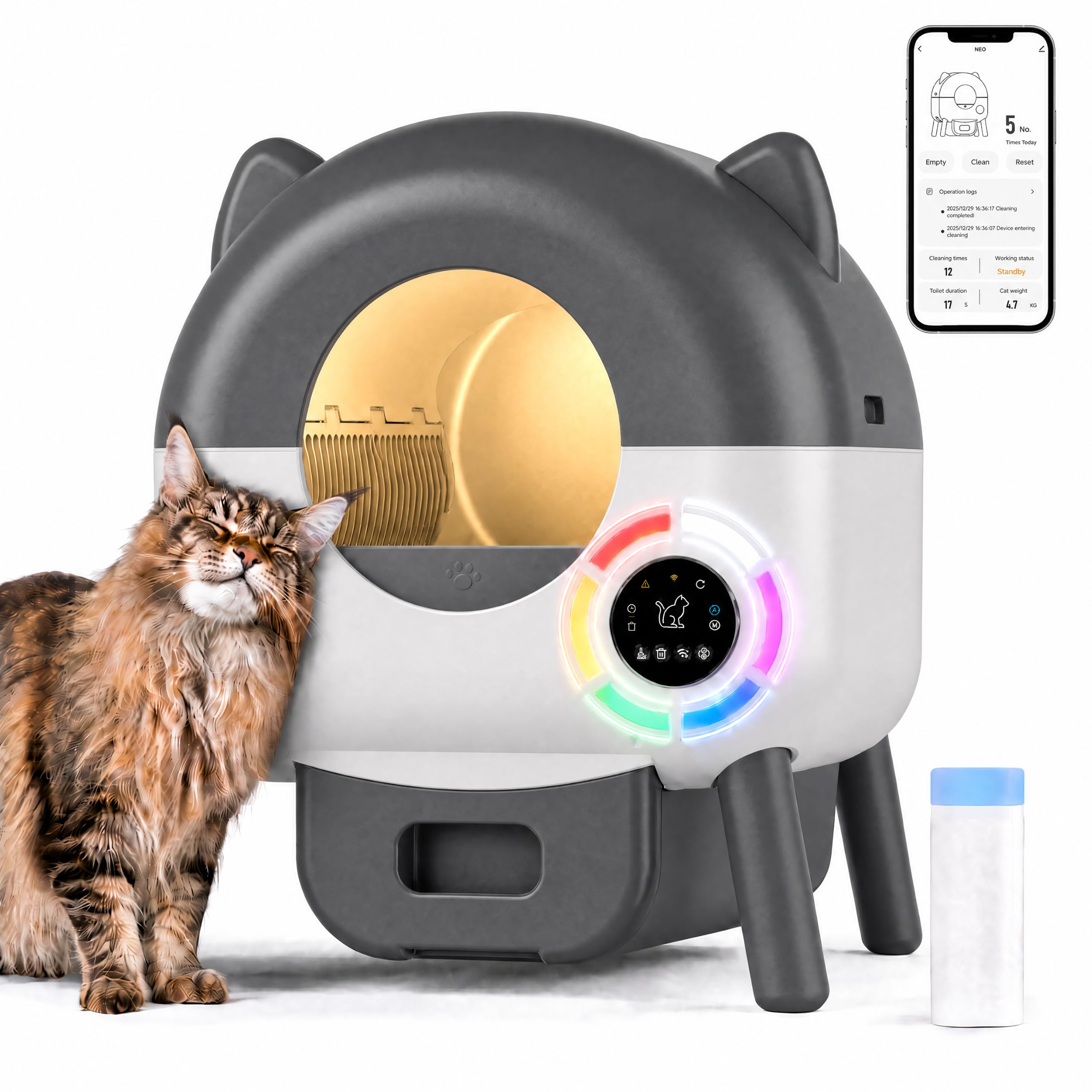 Lettiera Gatto Autopulente, Lettiera Autopulente per Gatti XXL 76 L con Controllo App, Antiodore, Sensori di sicurezza e Anti-pizzicamento, 6 Luci Notturne, Automatica Lettiera per Più Gatti