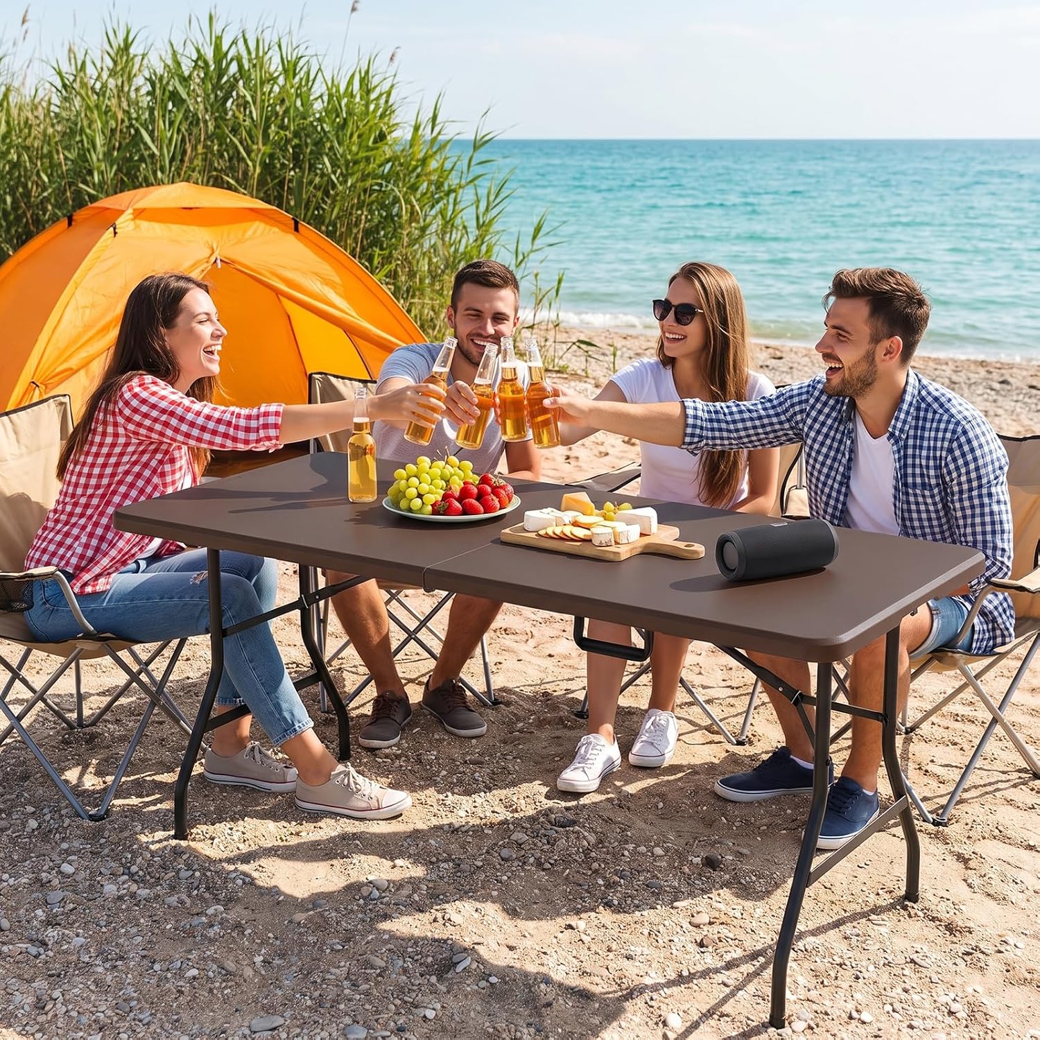 5 Foot Folding Table, Fold-in-Half Utility Table with Carrying Handle, 5FT Heavy Duty Portable Table for Party, Wedding, Picnic, Camping, Indoor & Outdoor, Brown