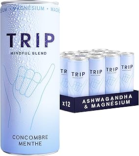 Trip Mindful Blend, boisson légèrement pétillante aux adaptogènes, mocktail avec 120mg de magnésium, crinière de lion et L-théanine, sans sucres ajoutés, végétalienne, saveur menthe-concombre 12x250ml