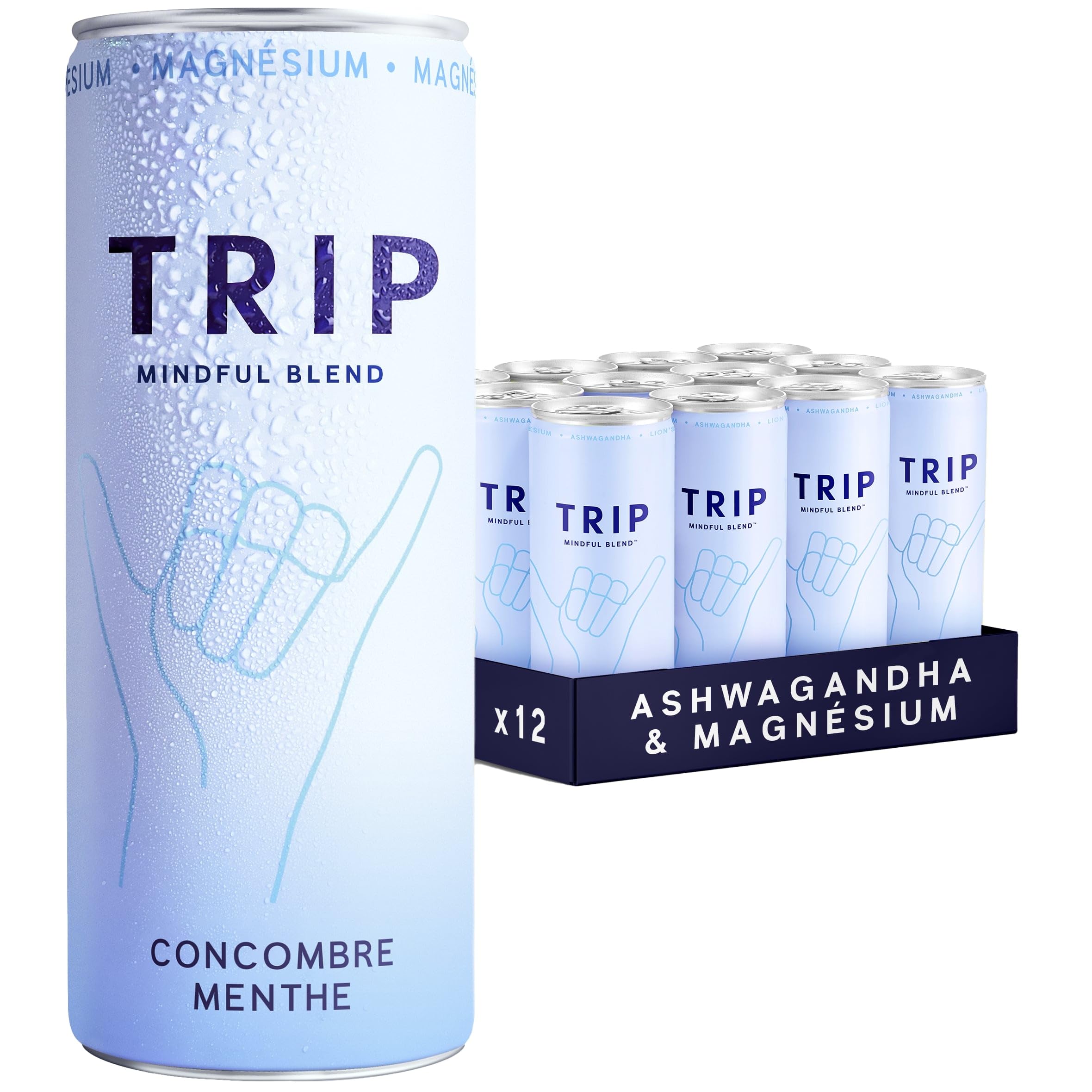 Trip Mindful Blend, boisson légèrement pétillante aux adaptogènes, mocktail avec 120mg de magnésium, crinière de lion et L-théanine, sans sucres ajoutés, végétalienne, saveur menthe-concombre 12x250ml