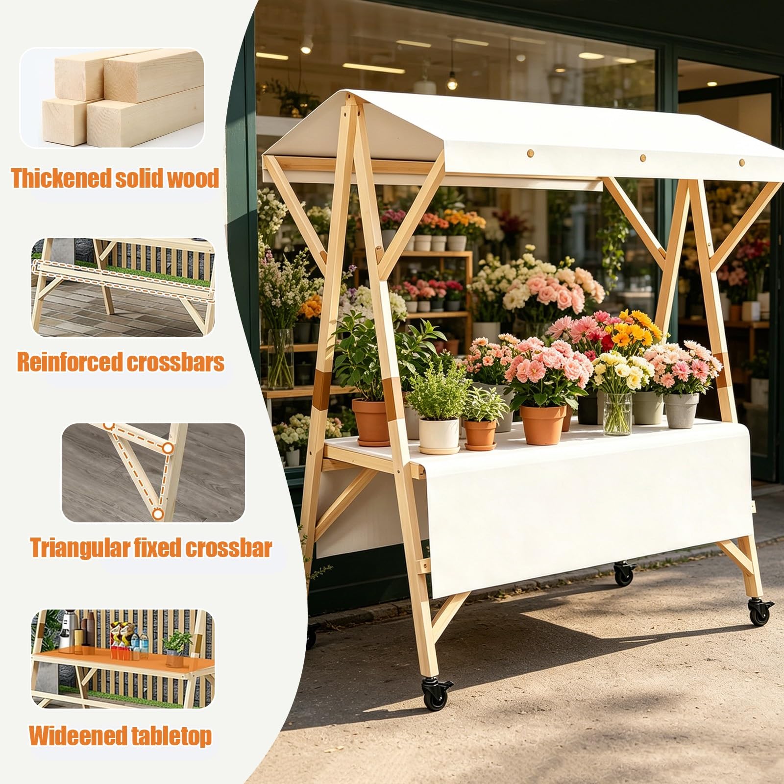 HARELA Imbisswagen Aus Holz, Marktstand Imbisswagen mit Markise Und Feststellrädern, Marktstand-Ausstellungsständer für Outdoor, für Straßen-/Bauernmärkte/Handwerksausstellungen(Pink A,150cm/59in)
