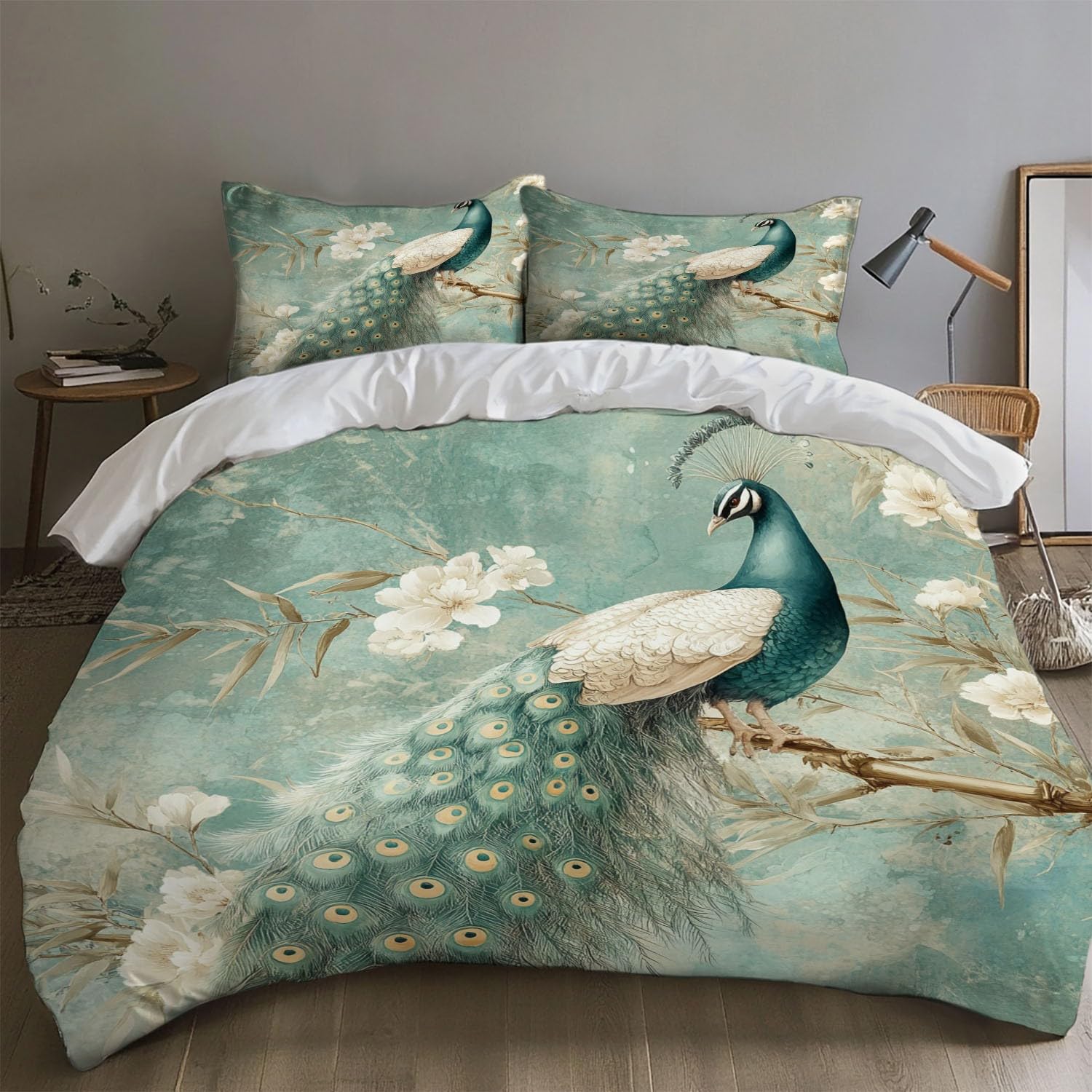 SKOEUI Animal Peacock Duvet Cover Sets Soft Breathable Bedding Set Microfibre Duvet Cover Non Iron Luxury Double Bed Set Emerald Quilt Covers Easy Care with Zipper Closure