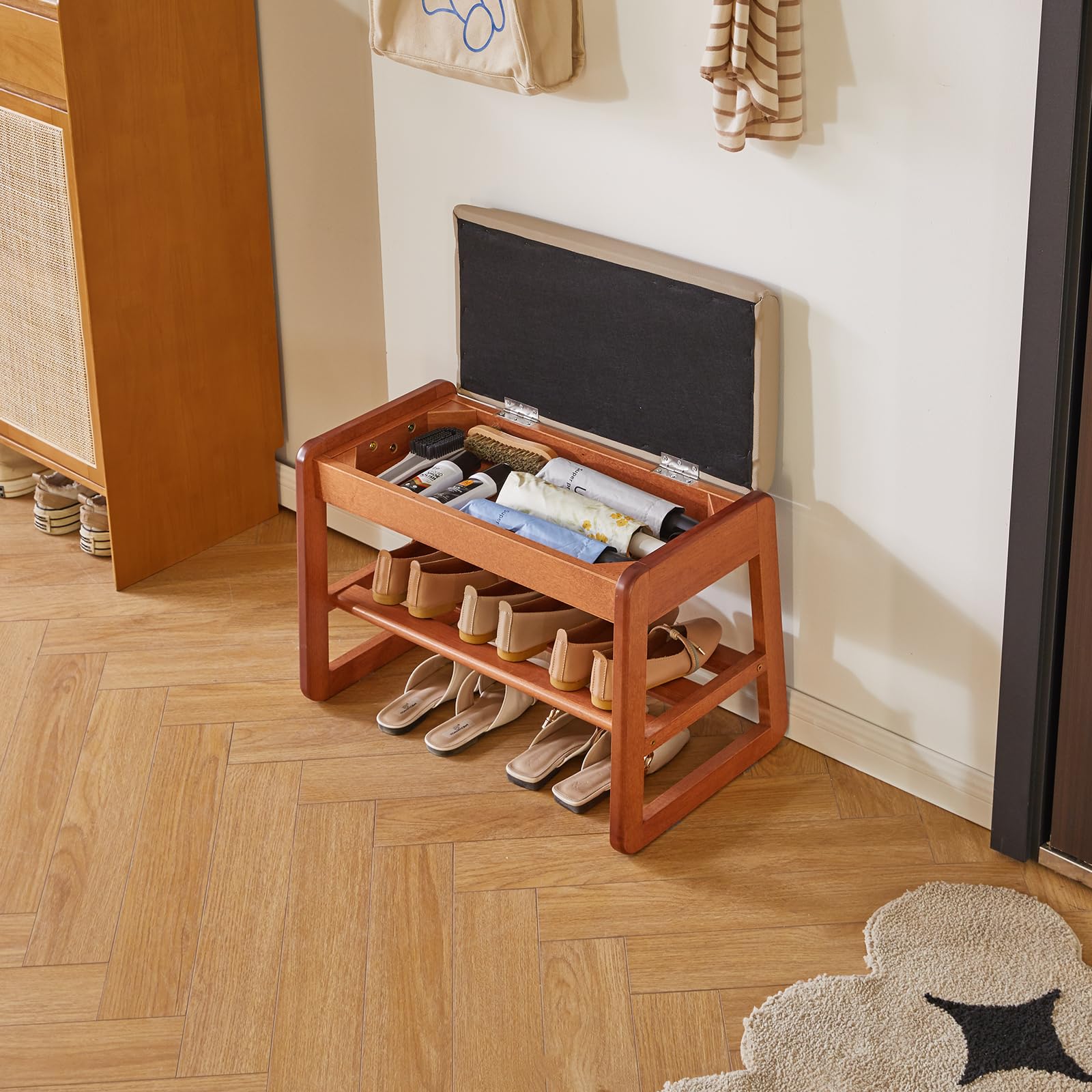 Aibiju Drewniana ławka na buty z klapką do przechowywania, 2-poziomowa ławka na buty wejściowe, stojak na buty 60 cm z poduszką do salonu, kolor drewna wiśniowego YD-WD060C
