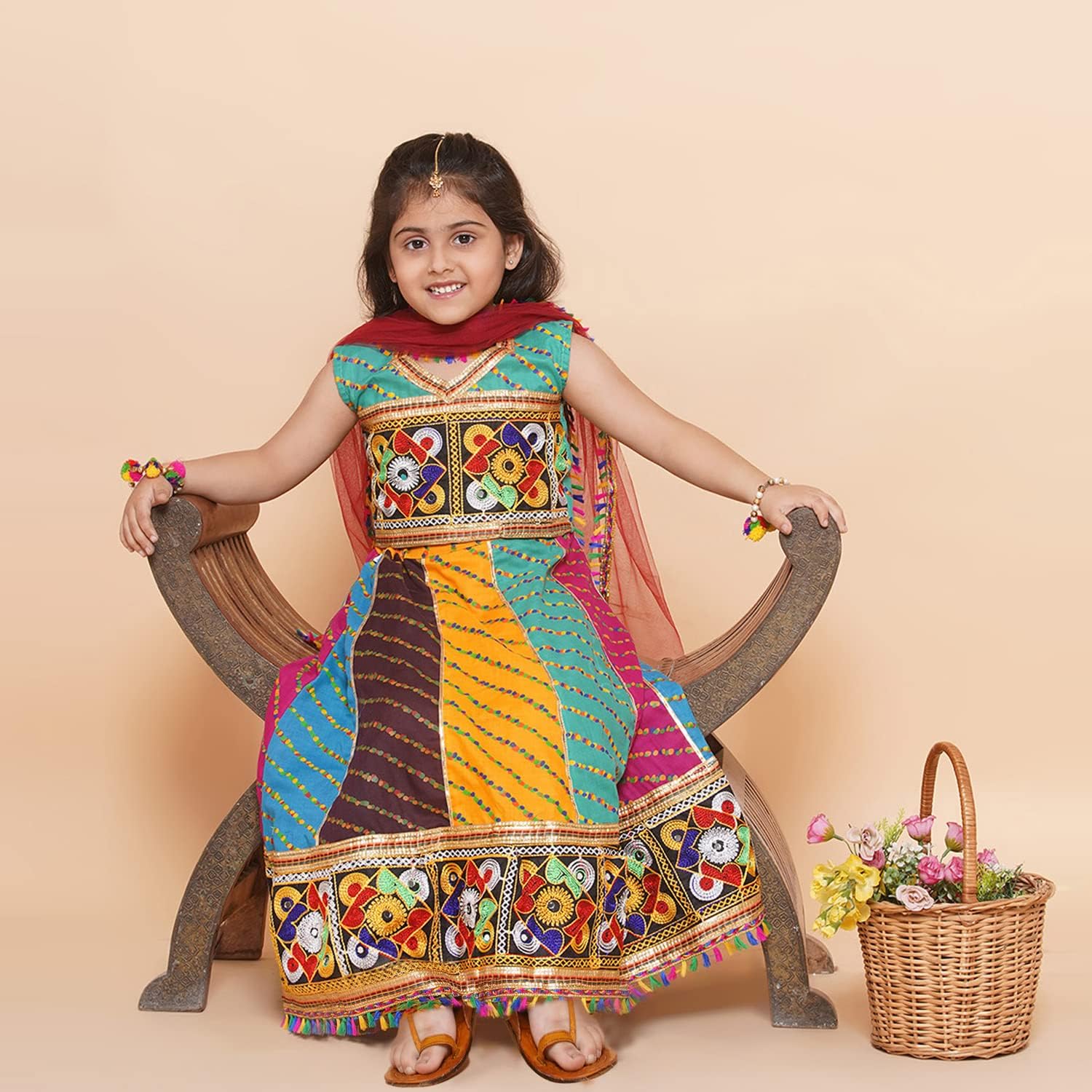 AJ DEZINES Kids Cotton Kathyavadi Embroidery Lehenga Choli With Dupatta Set For Girls