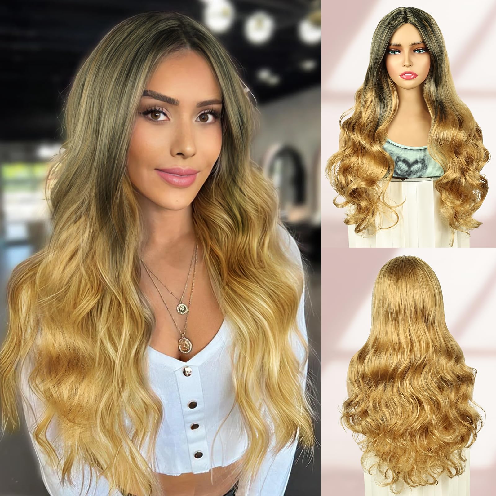 QUEENTAS Long Blonde Wigs for Women Synthetic Curly Wig for Daily Party Cosplay Halloween (Black mixed Blonde)