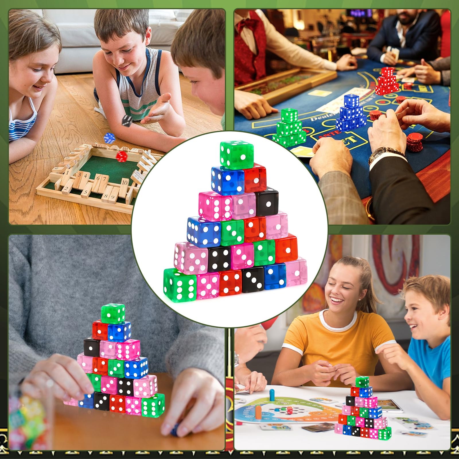Hooqict Juego de 100 dados de casino estándar de 16 mm, dados de acrílico de 6 caras de colores para juegos de mesa (azul, verde, amarillo)